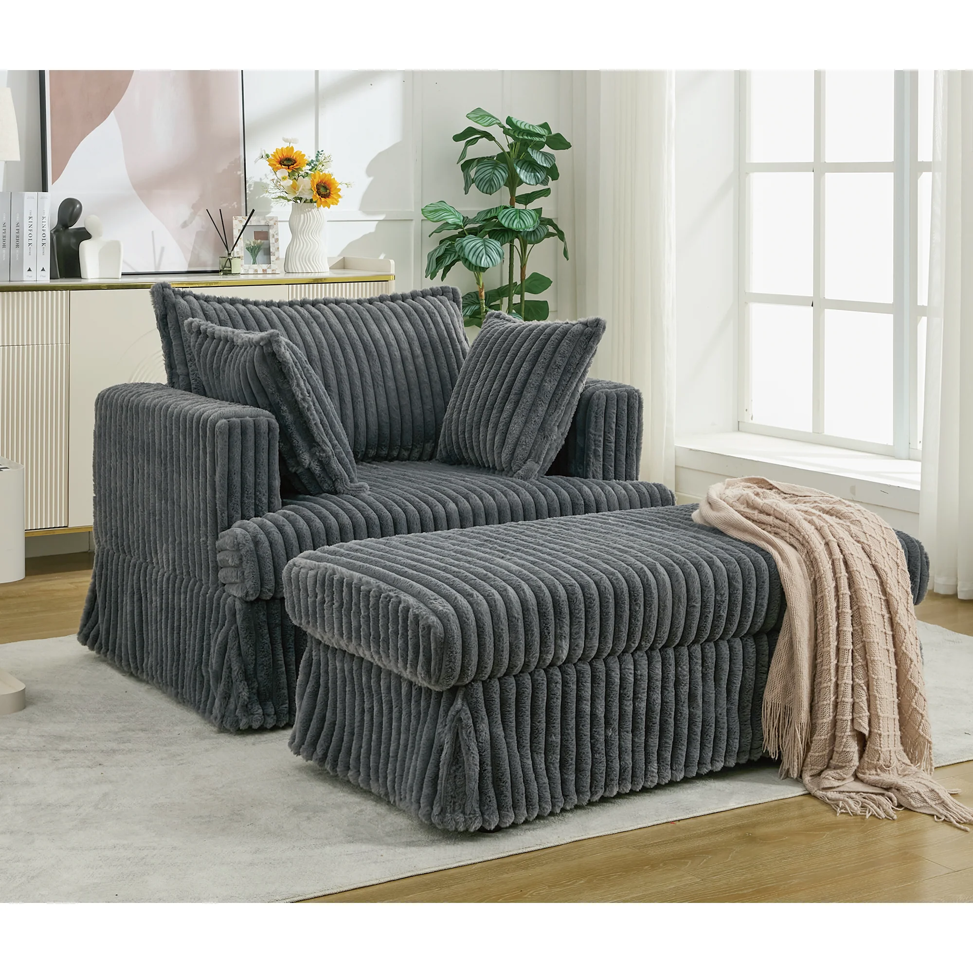Oversized Corduroy Chaise Lounge with Ottoman in Dark Gray - Image 7