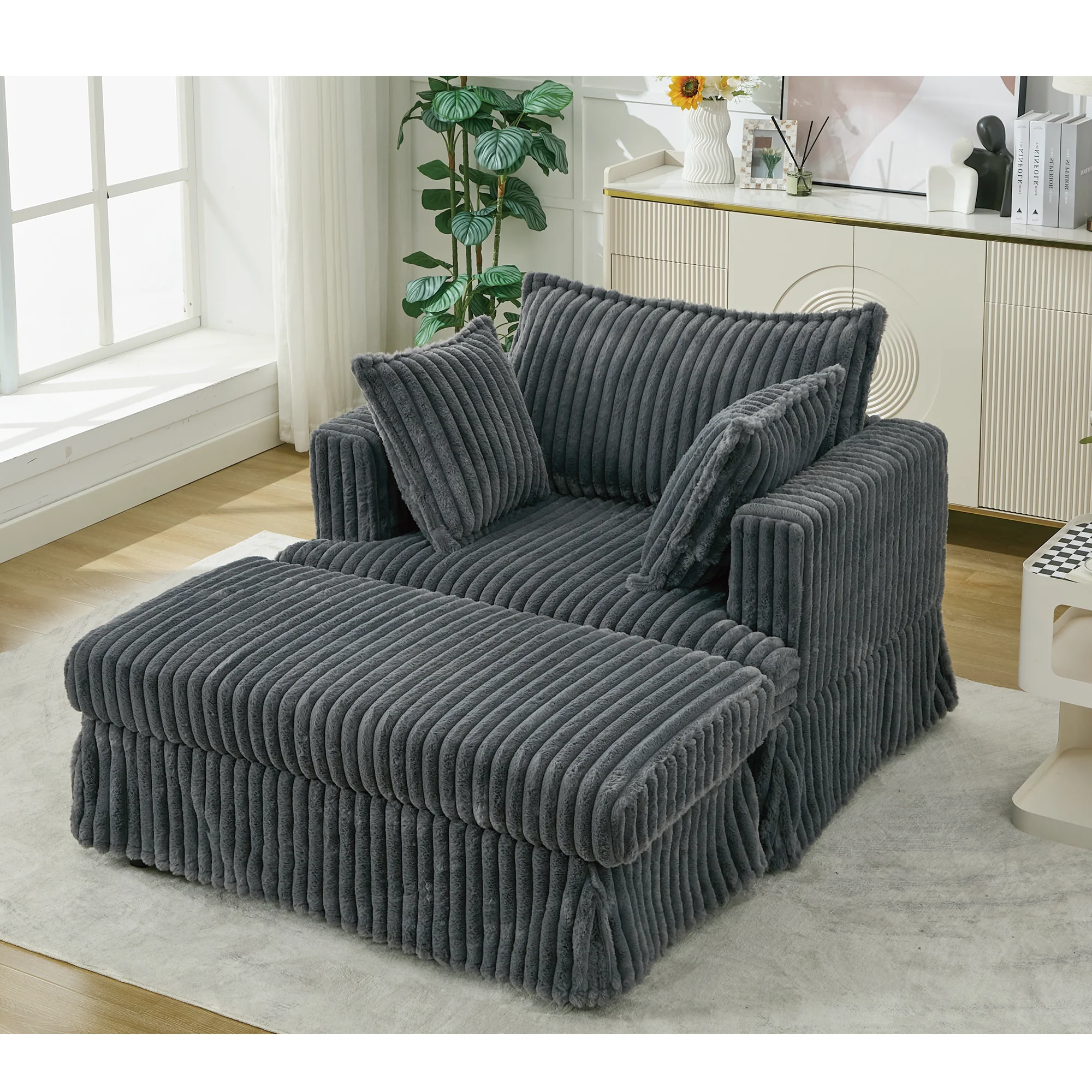 Oversized Corduroy Chaise Lounge with Ottoman in Dark Gray - Image 8