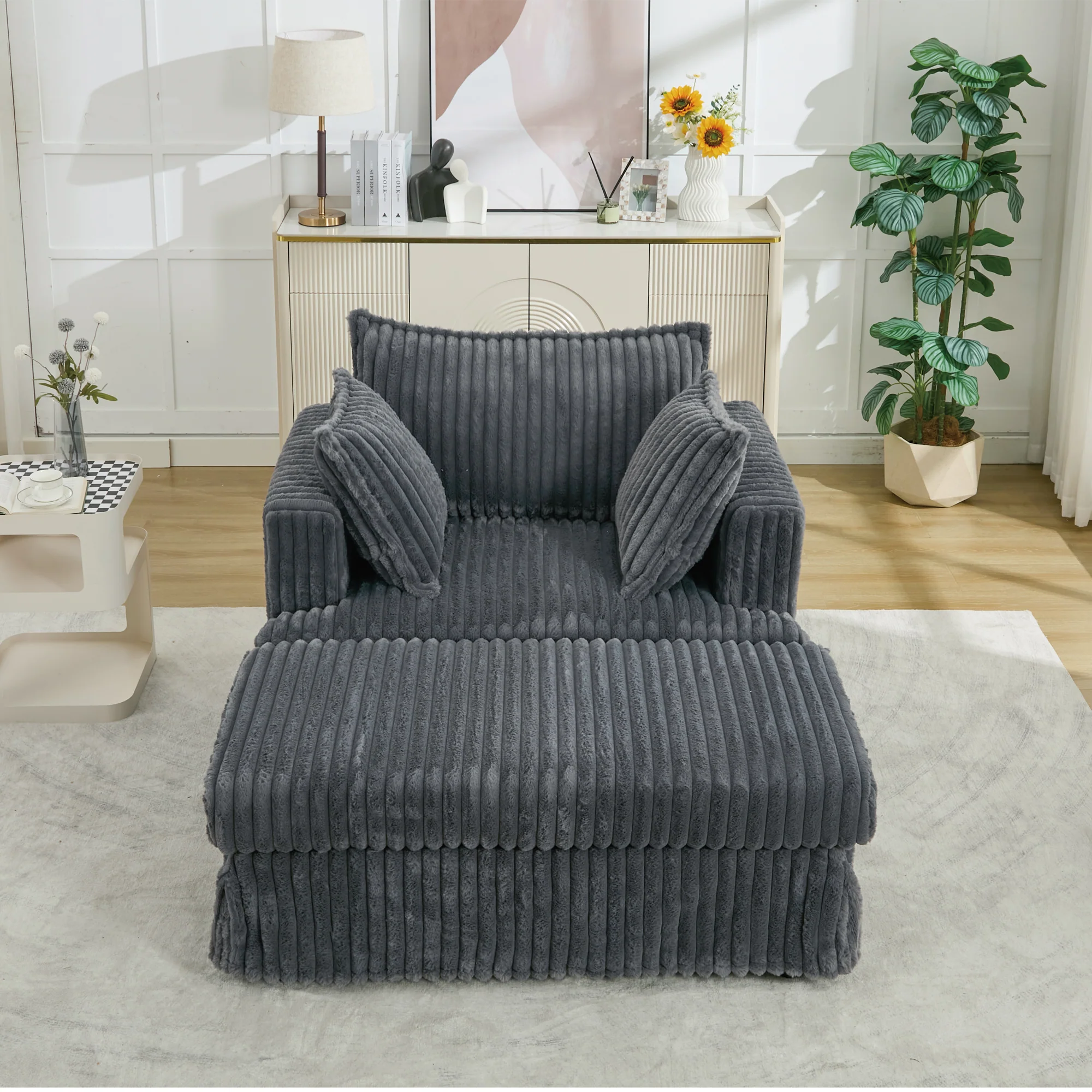 Oversized Corduroy Chaise Lounge with Ottoman in Dark Gray - Image 9
