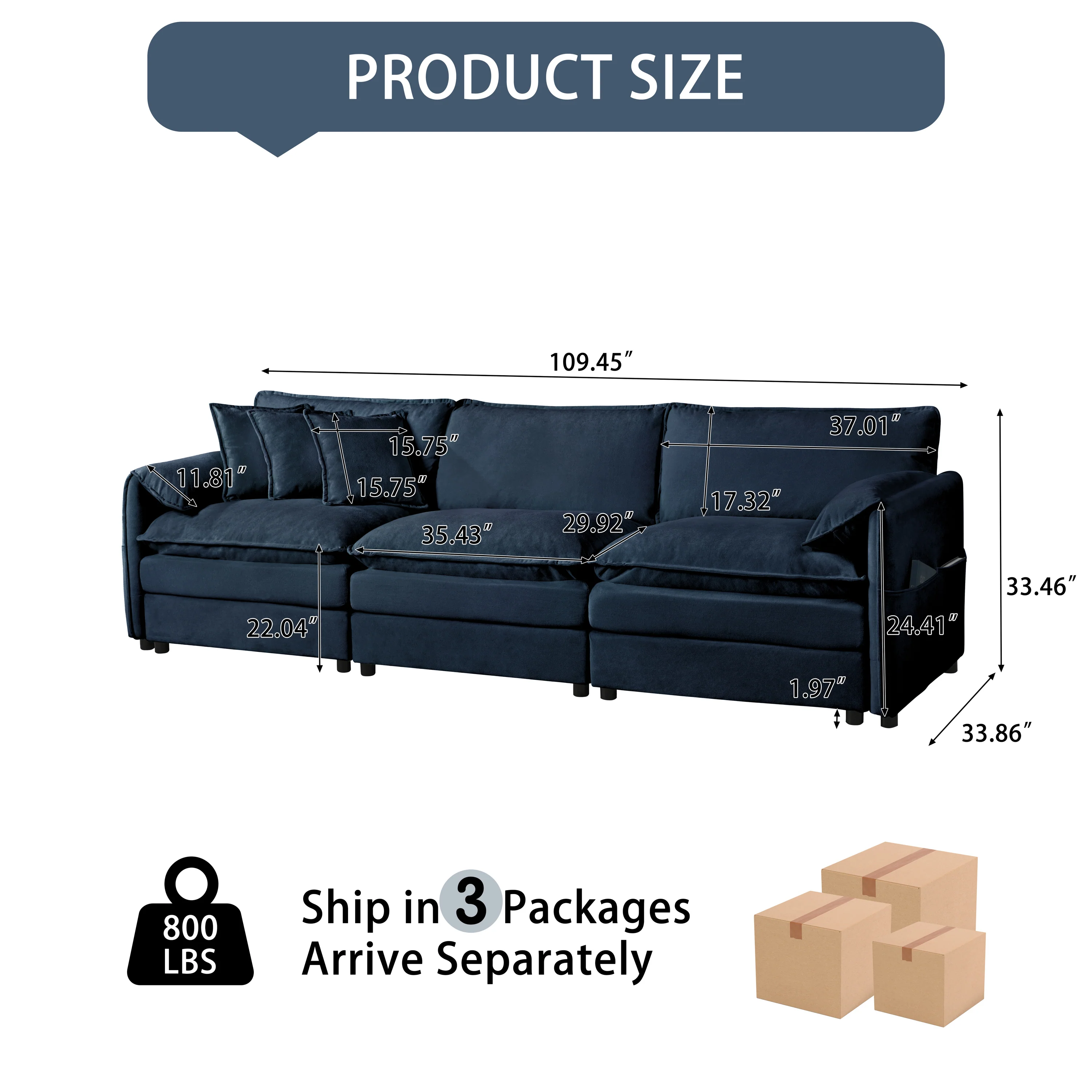 Oversized Deep Seat Sectional Sofa Modern Chenille Cloud Couch Large 3 Seater Modular Sofa with 3 Pillows - Image 2