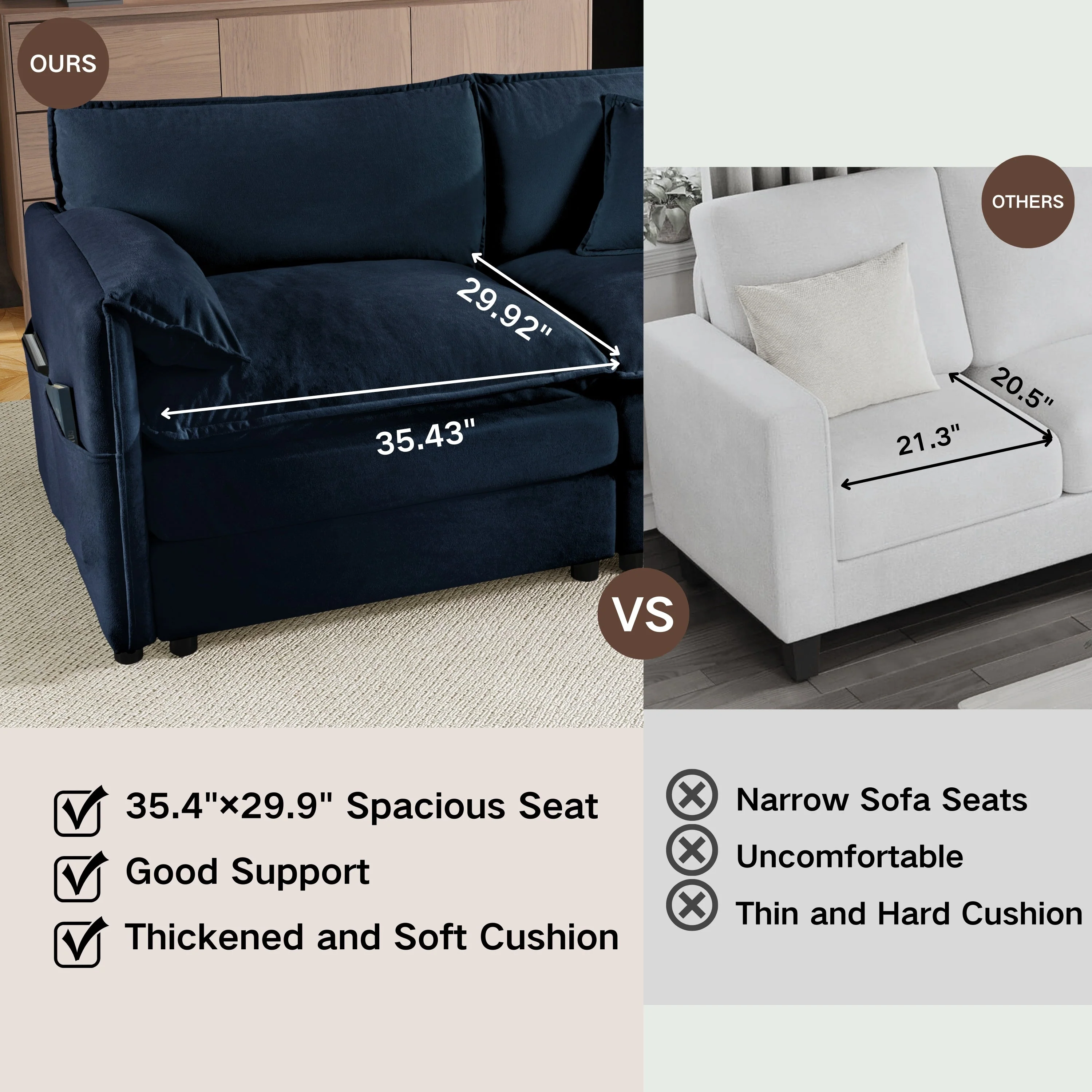 Oversized Deep Seat Sectional Sofa Modern Chenille Cloud Couch Large 3 Seater Modular Sofa with 3 Pillows - Image 9