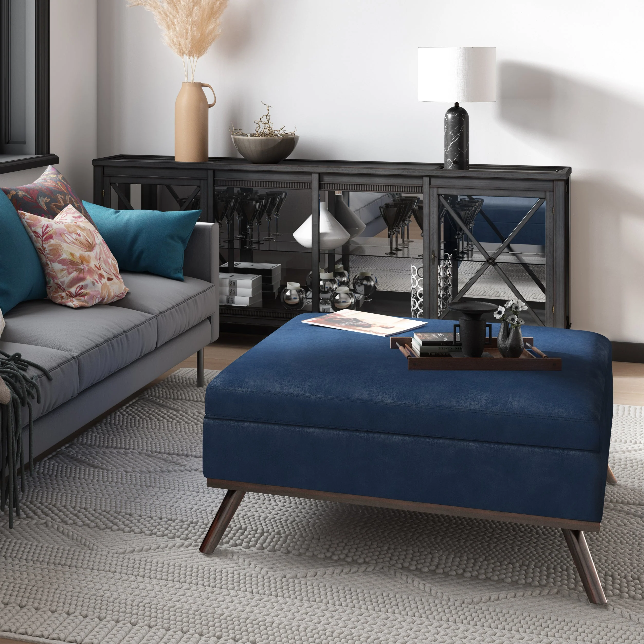 Owen Square Coffee Table Storage Ottoman - Distressed Dark Blue - Image 8