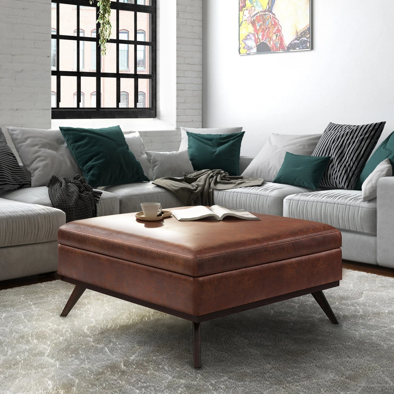 Owen XL Square Coffee Table Storage Ottoman - Distressed Saddle Brown - Image 8