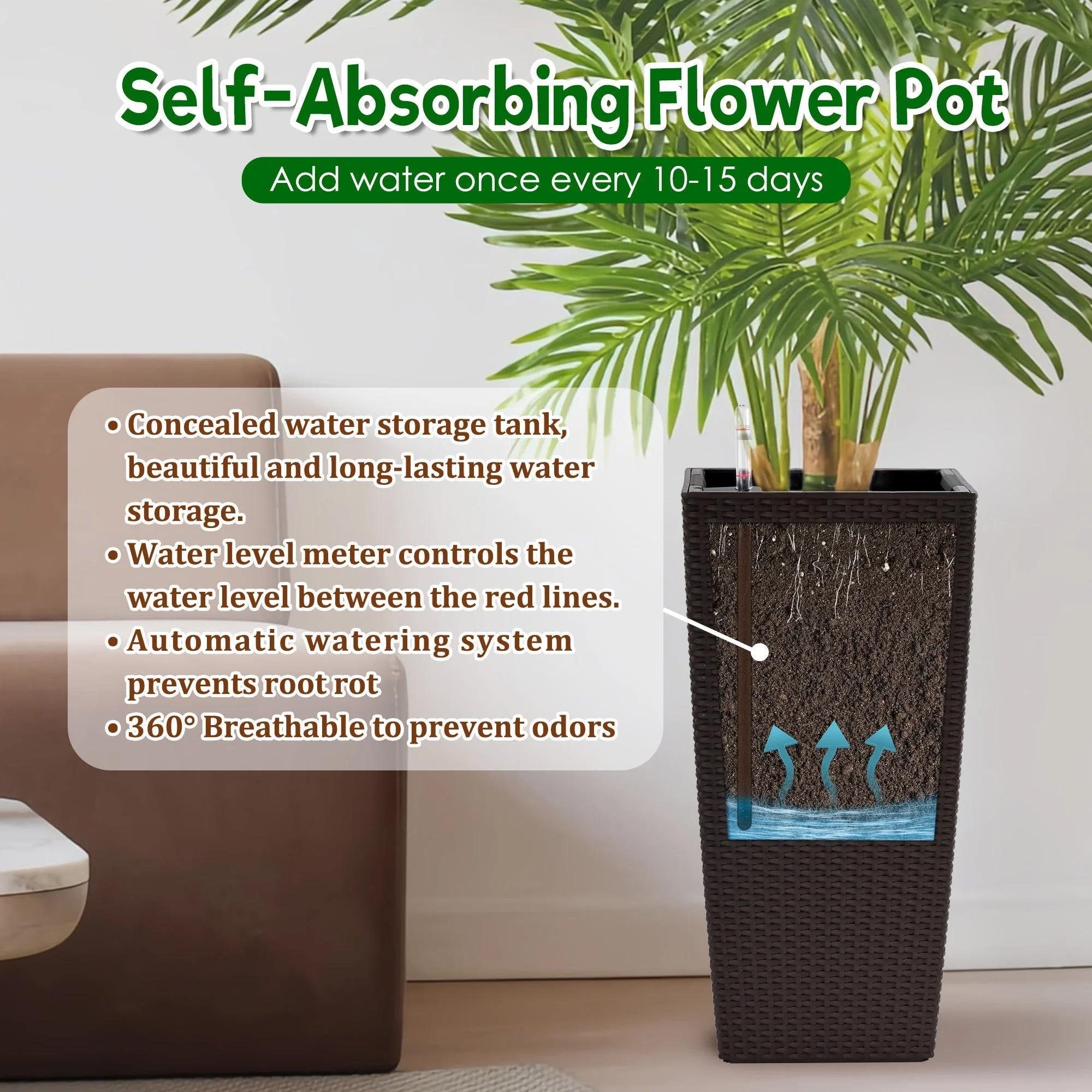 Pack of 2 Brown 22-Inch Faux Rattan Square Planters with Automatic Watering System - Image 3