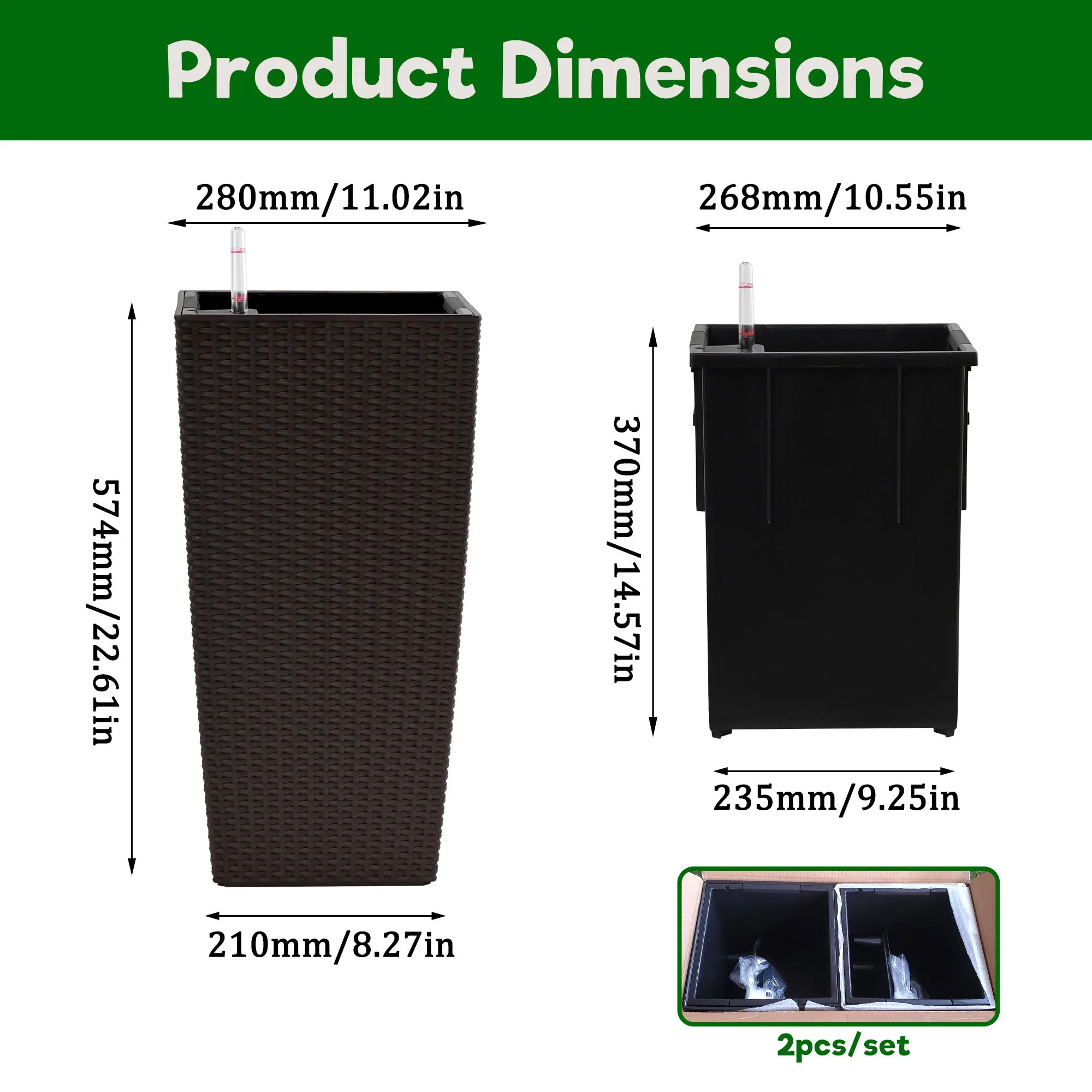 Pack of 2 Brown 22-Inch Faux Rattan Square Planters with Automatic Watering System - Image 7