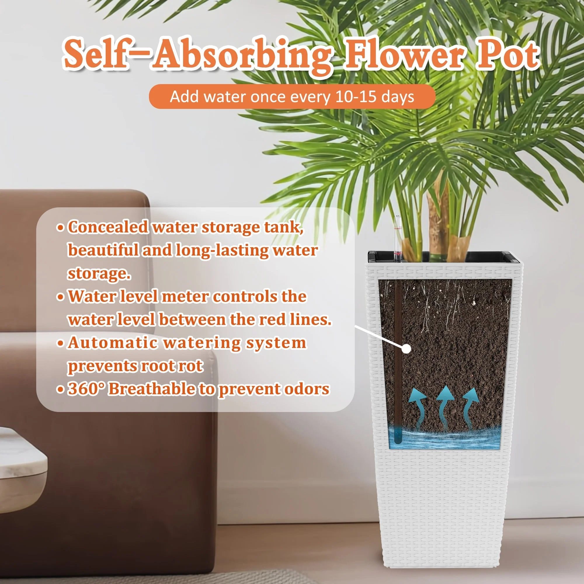 Pack of 2 Square Planters with Automatic Watering System - 22 Inch - Image 2