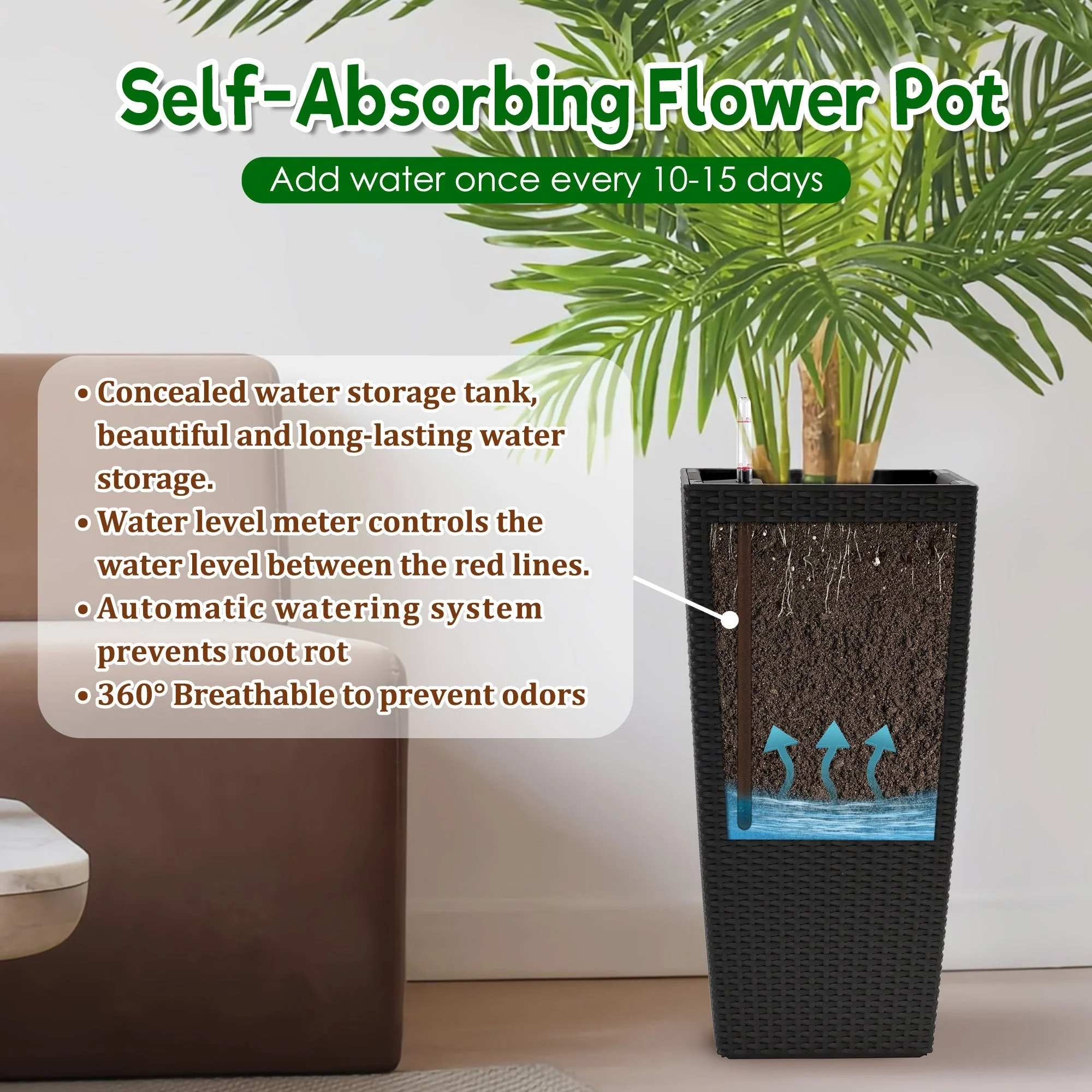 Pack of 2 Square Planters with Automatic Watering System - Image 3