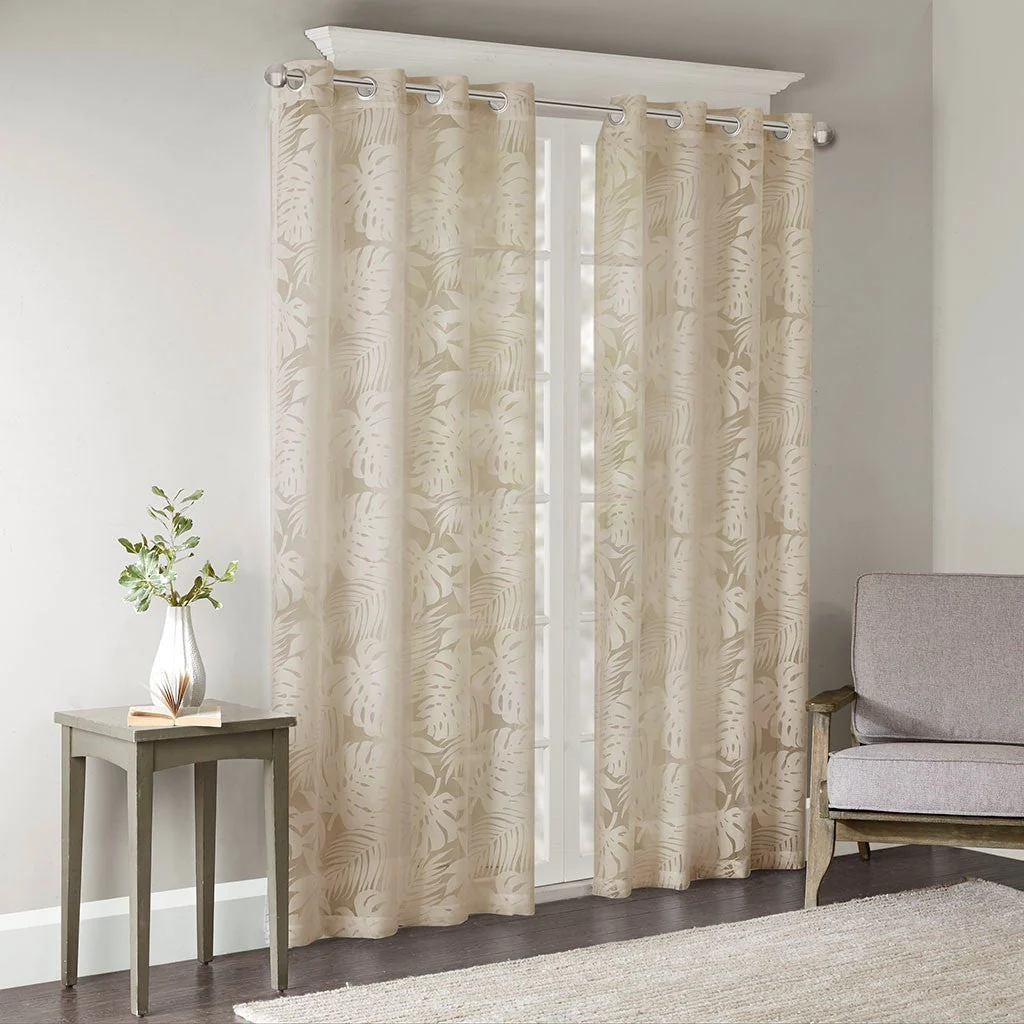 Palm Leaf Burnout Sheer Window Curtain 50x95 Natural - Image 5