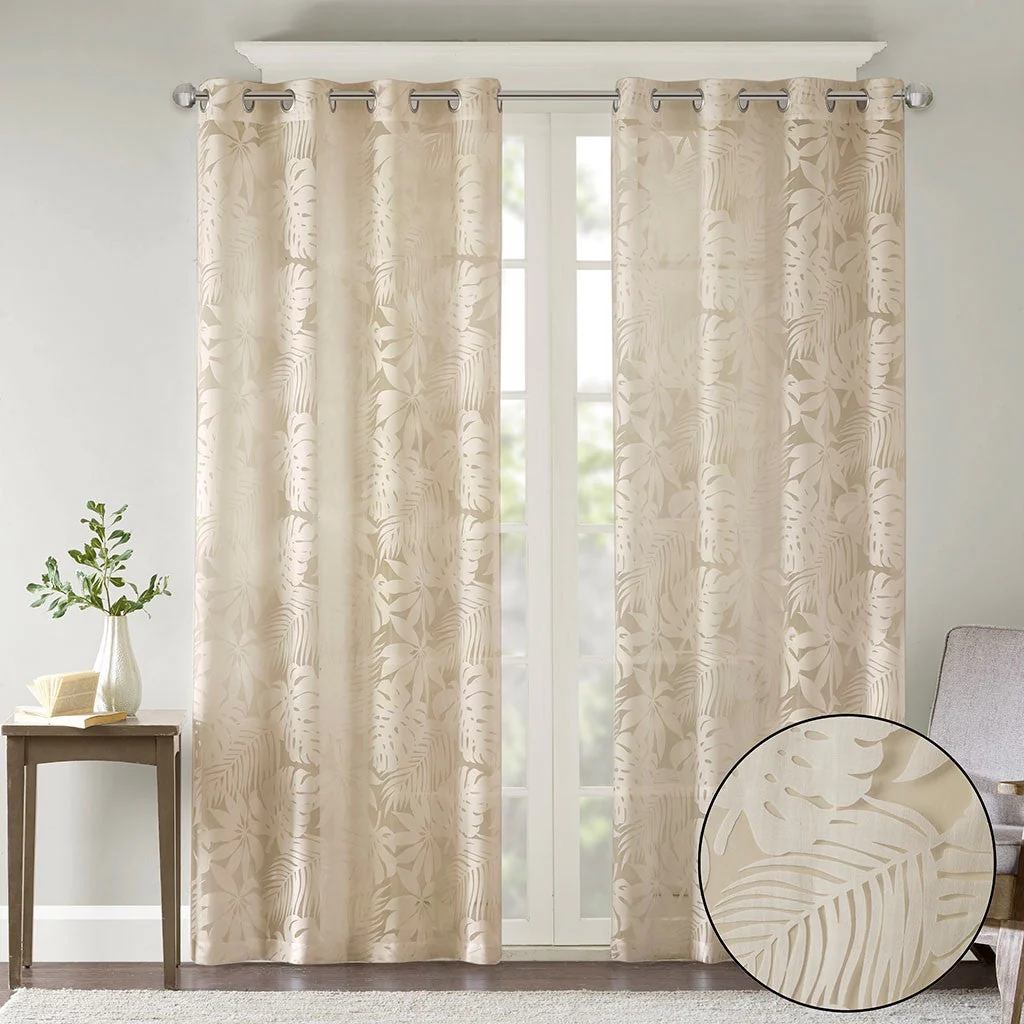 Palm Leaf Burnout Sheer Window Curtain 50x95 Natural - Image 9