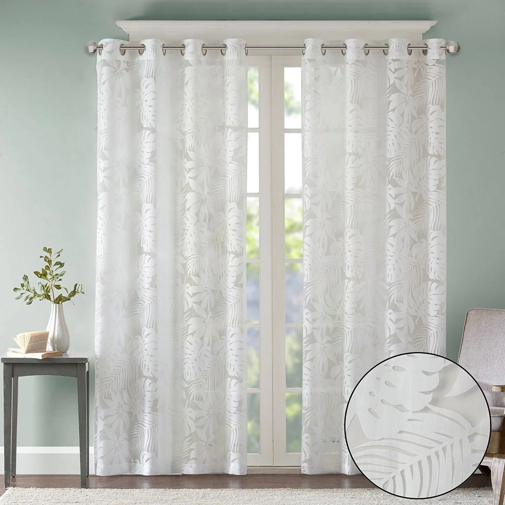 Palm Leaf Burnout Sheer Window Curtain White 50x63 - Image 3