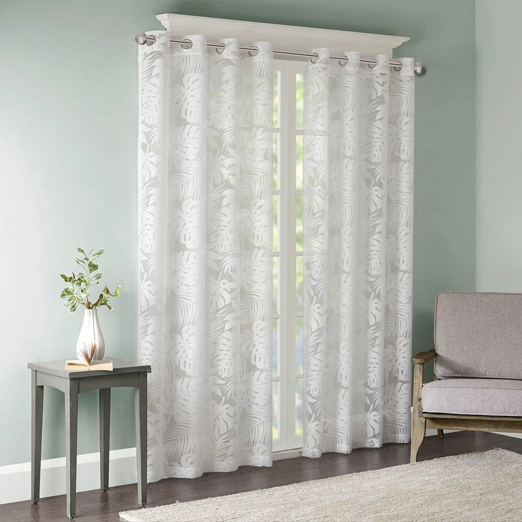 Palm Leaf Burnout Sheer Window Curtain White 50x63 - Image 4