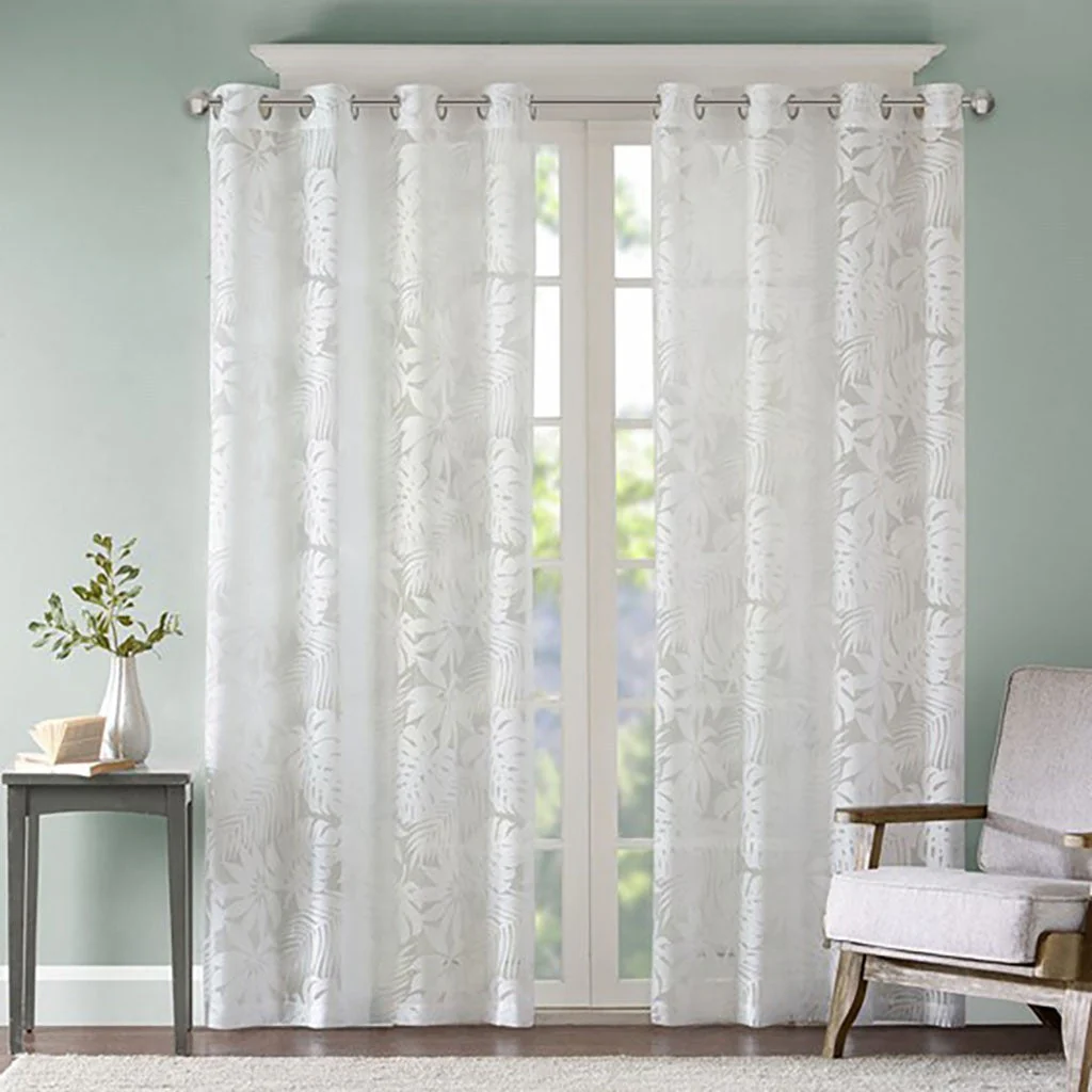 Palm Leaf Burnout White Sheer Window Curtain 50x95 - Image 8