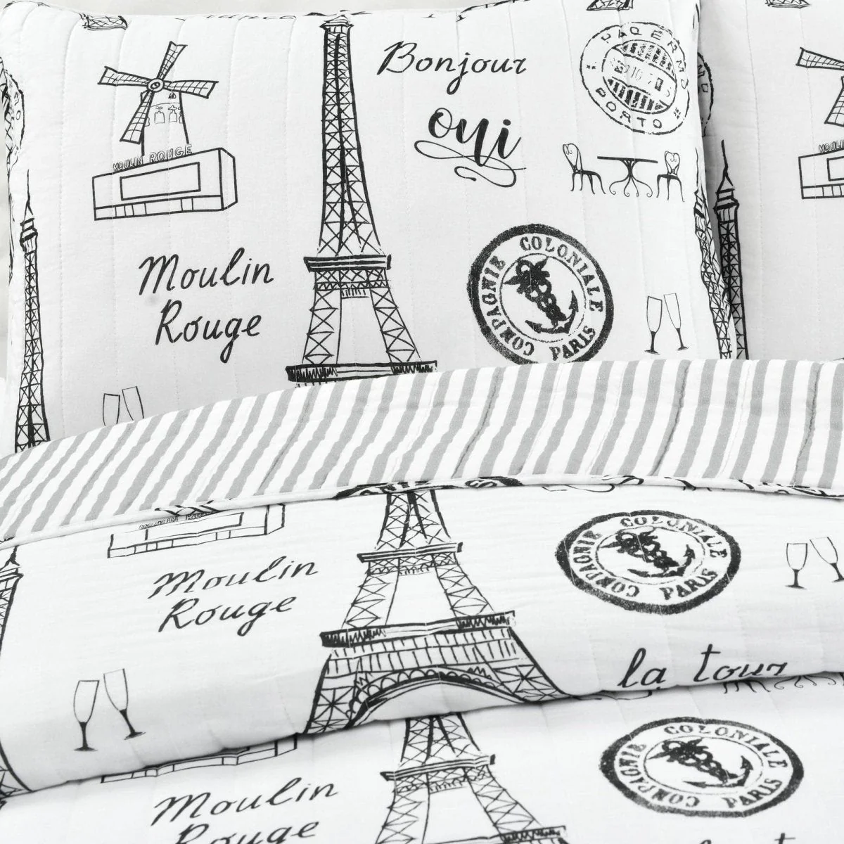Paris Bonjour Reversible Cotton 3 Piece Quilt Set - Image 3