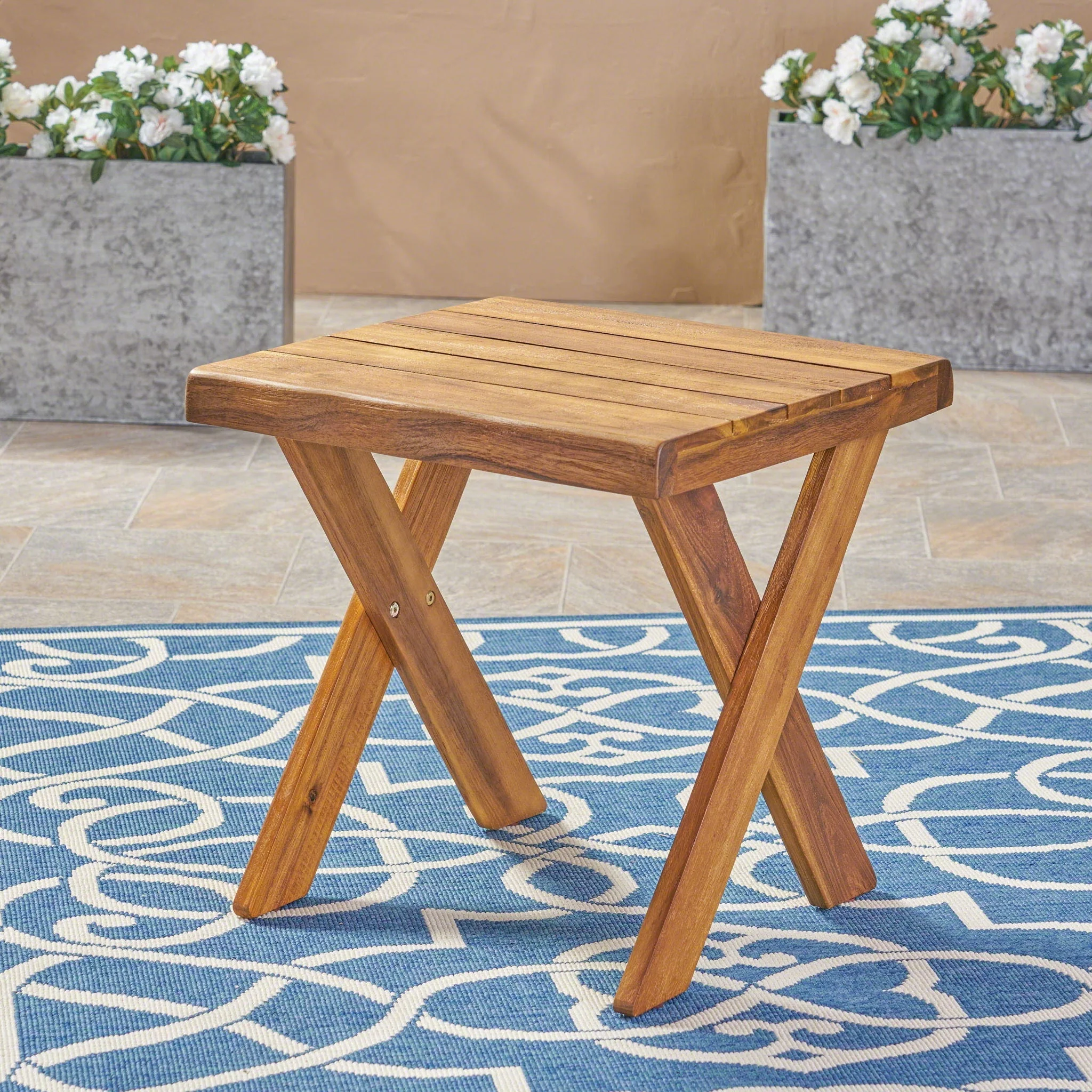 Passion Outdoor Side Table With Cross Base And Slatted Top - Teak - Image 2