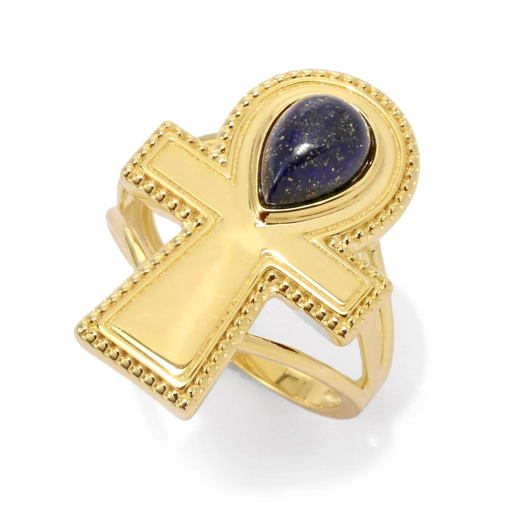 Passport to Egypt 18K Gold Plated 8x6mm Pear Shape Lapis Ankh Cross Ring - Image 3