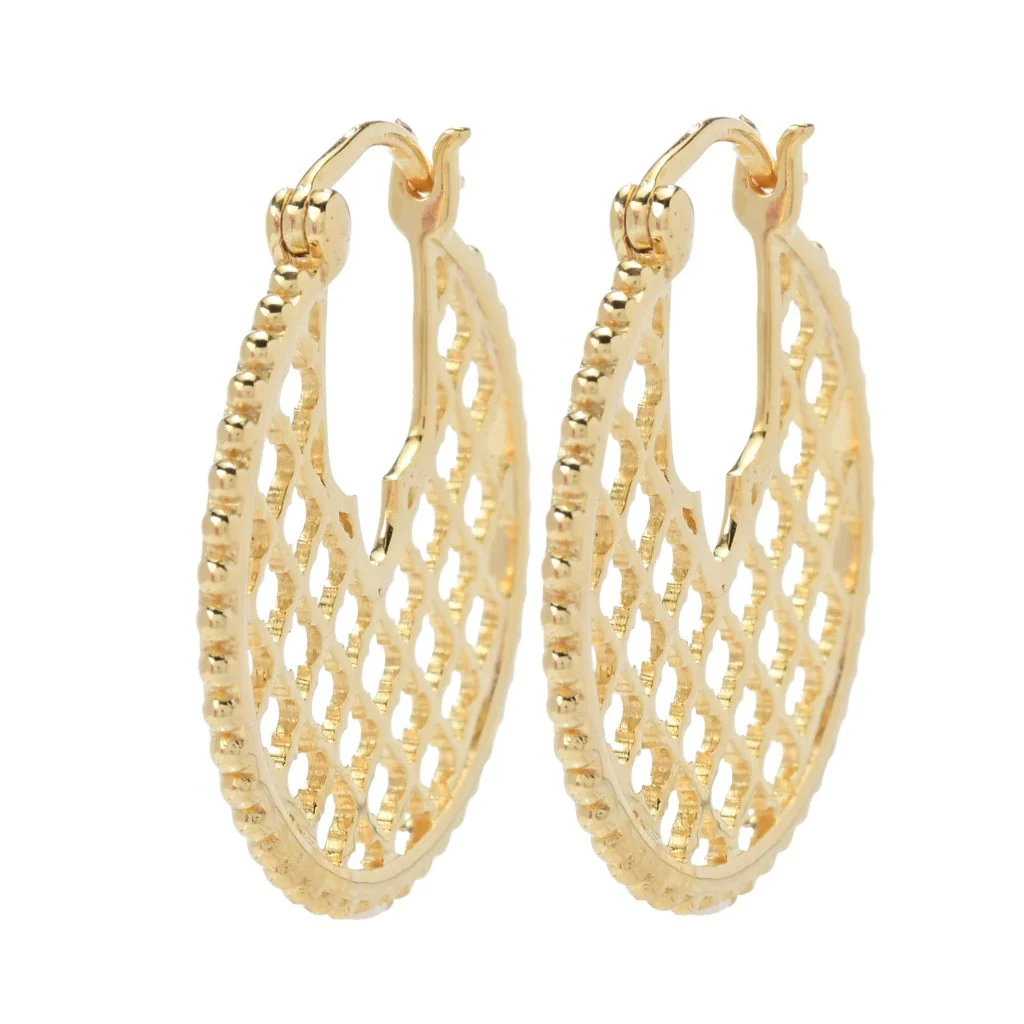 Passport to India 18K Gold Plated "Hawa Mahal" Beaded Lattice Hoop Earrings - Image 3