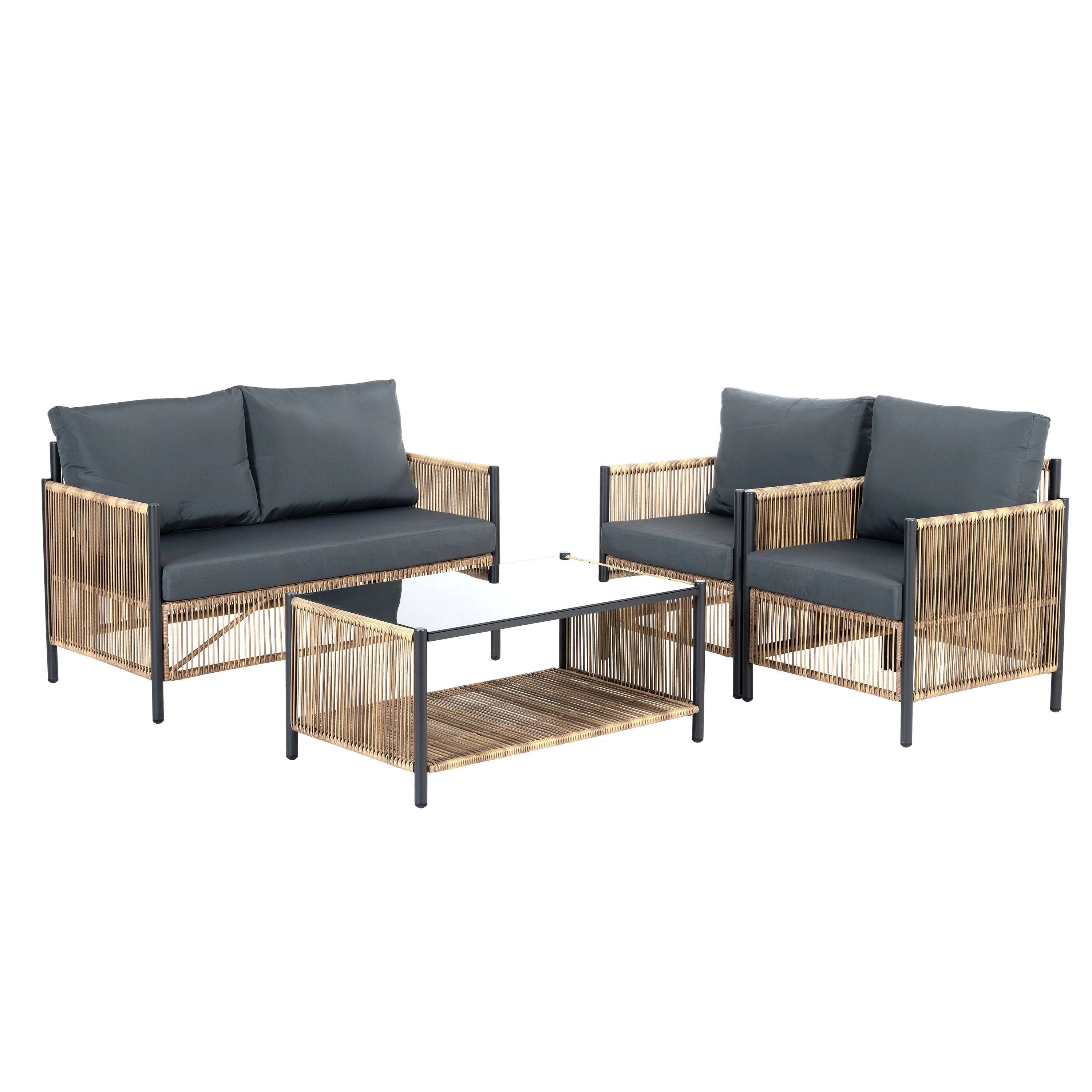 Patio 4-Piece Brown PE Wicker Sofa Set with Grey Cushions - Image 17