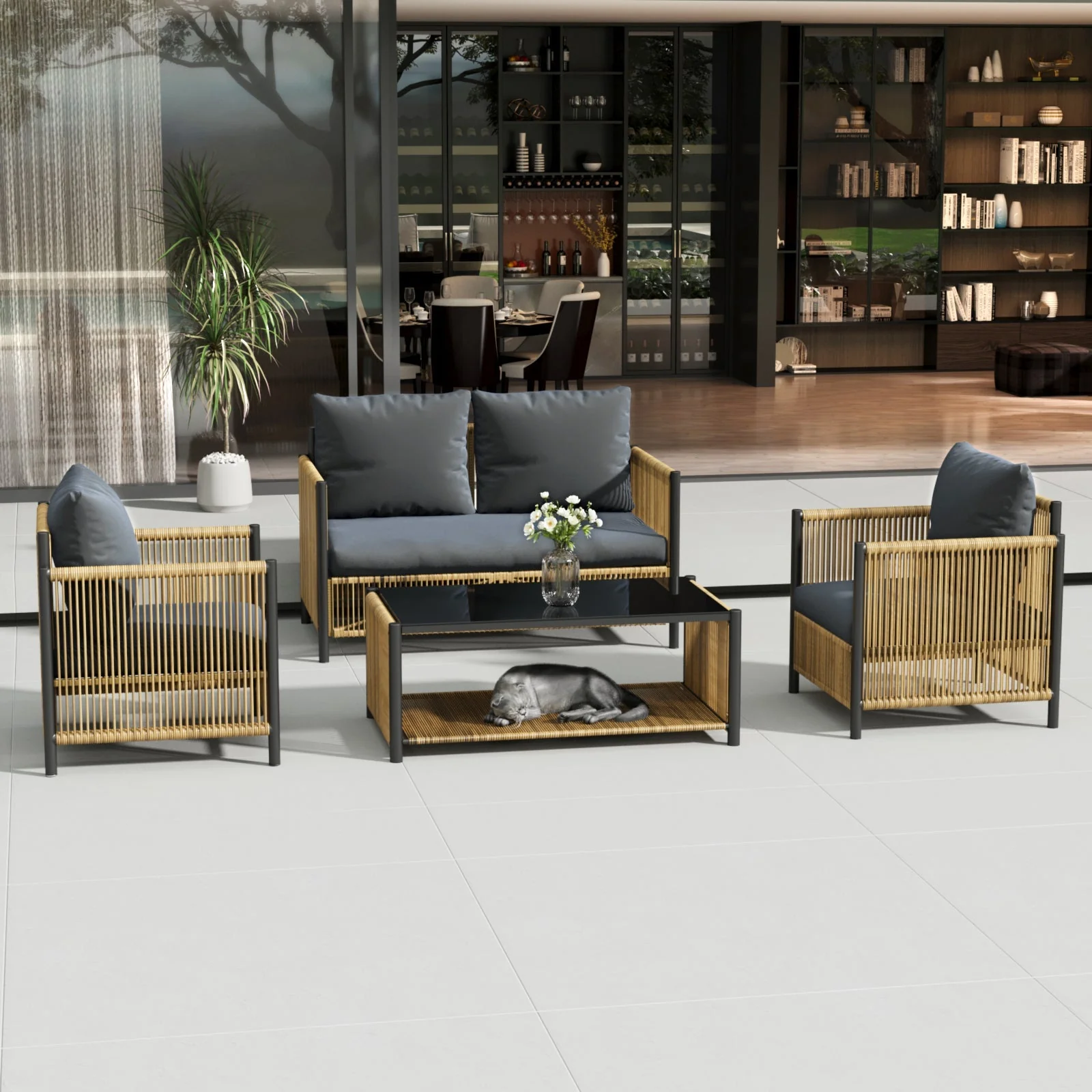 Patio 4-Piece Brown PE Wicker Sofa Set with Grey Cushions - Image 2