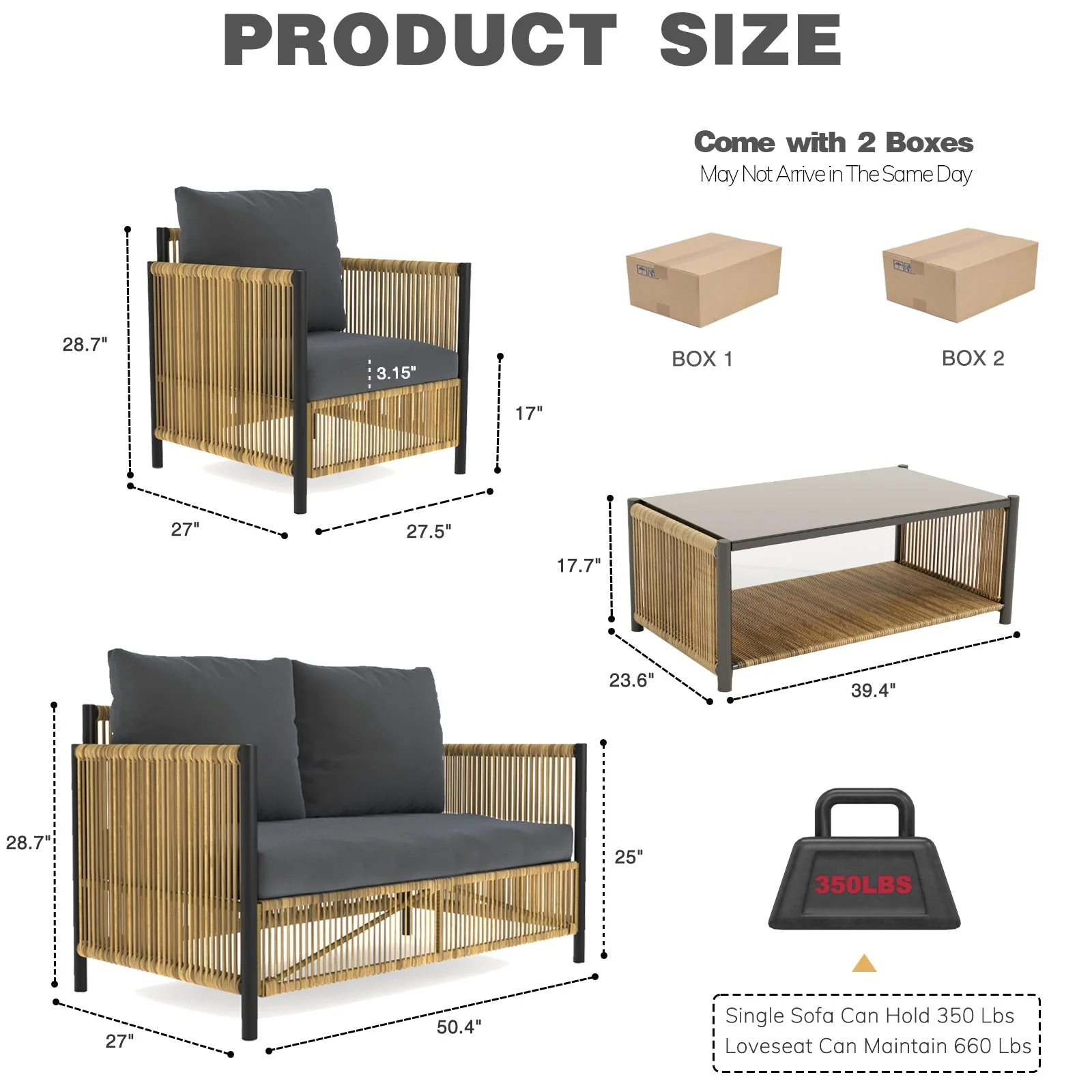 Patio 4-Piece Brown PE Wicker Sofa Set with Grey Cushions - Image 21