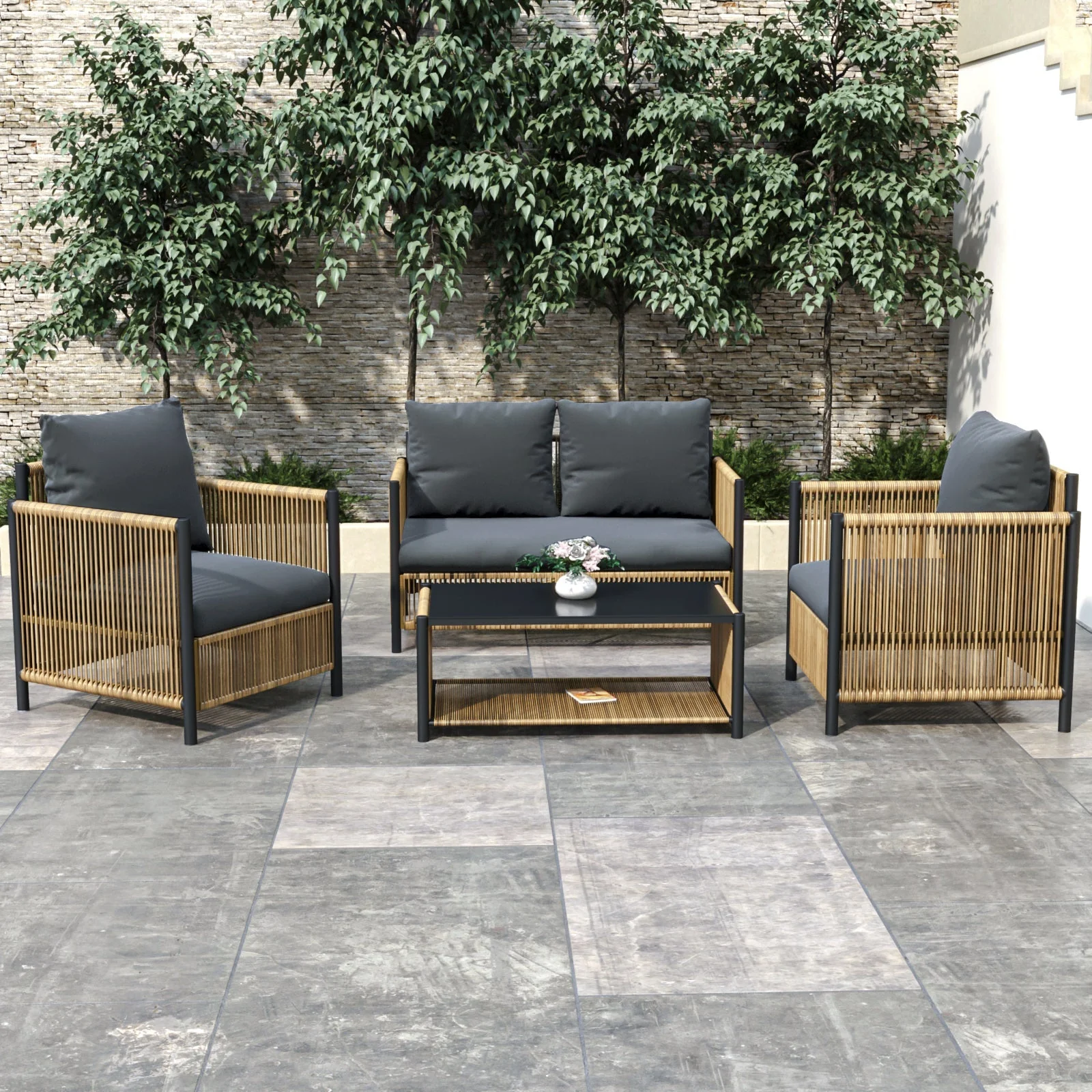 Patio 4-Piece Brown PE Wicker Sofa Set with Grey Cushions - Image 3
