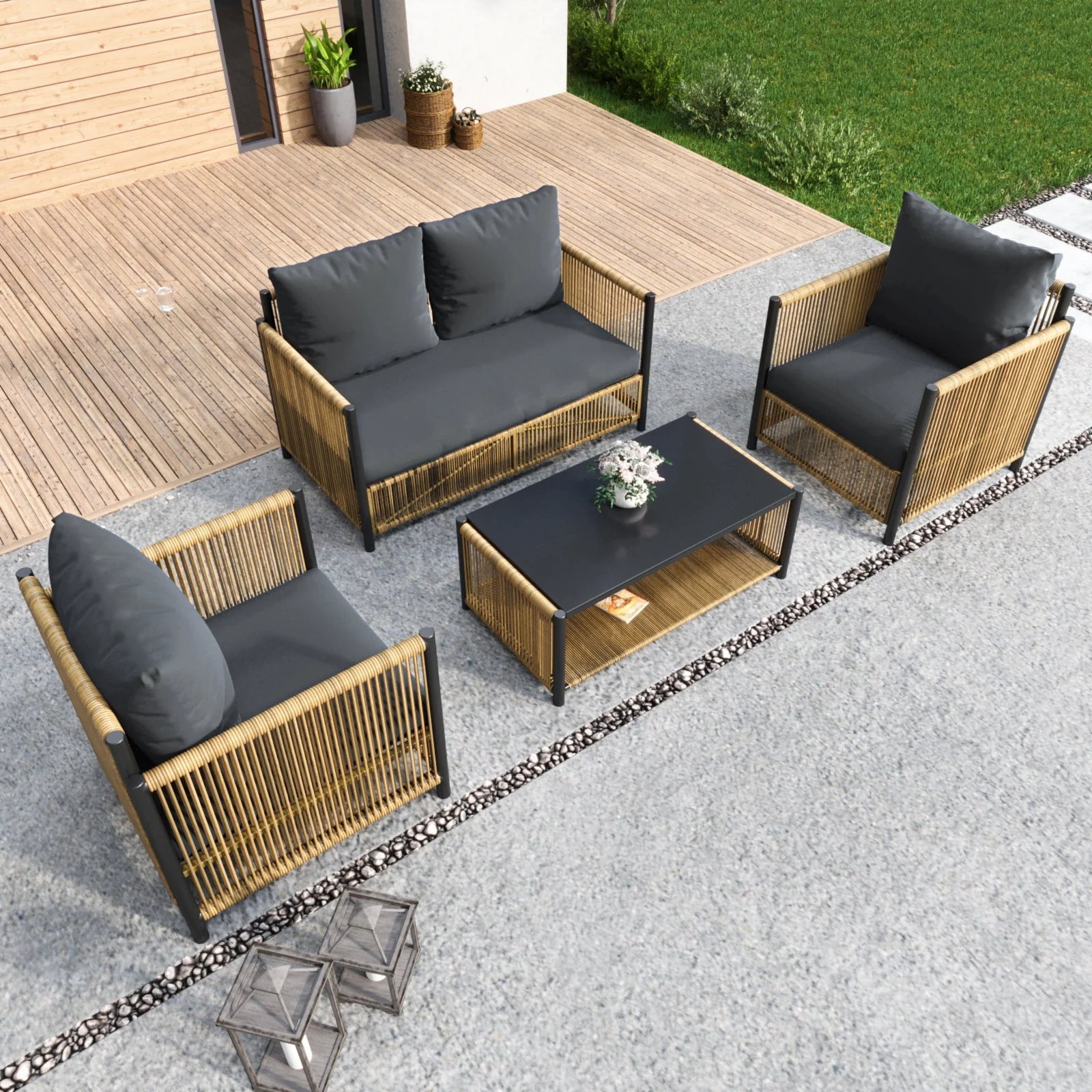 Patio 4-Piece Brown PE Wicker Sofa Set with Grey Cushions - Image 4