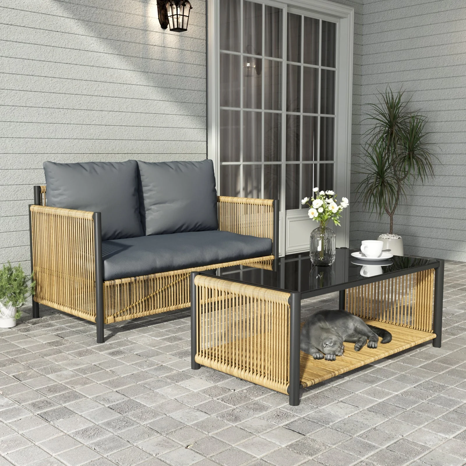 Patio 6-Piece Brown PE Wicker Sofa Set with Grey Cushions - Image 4