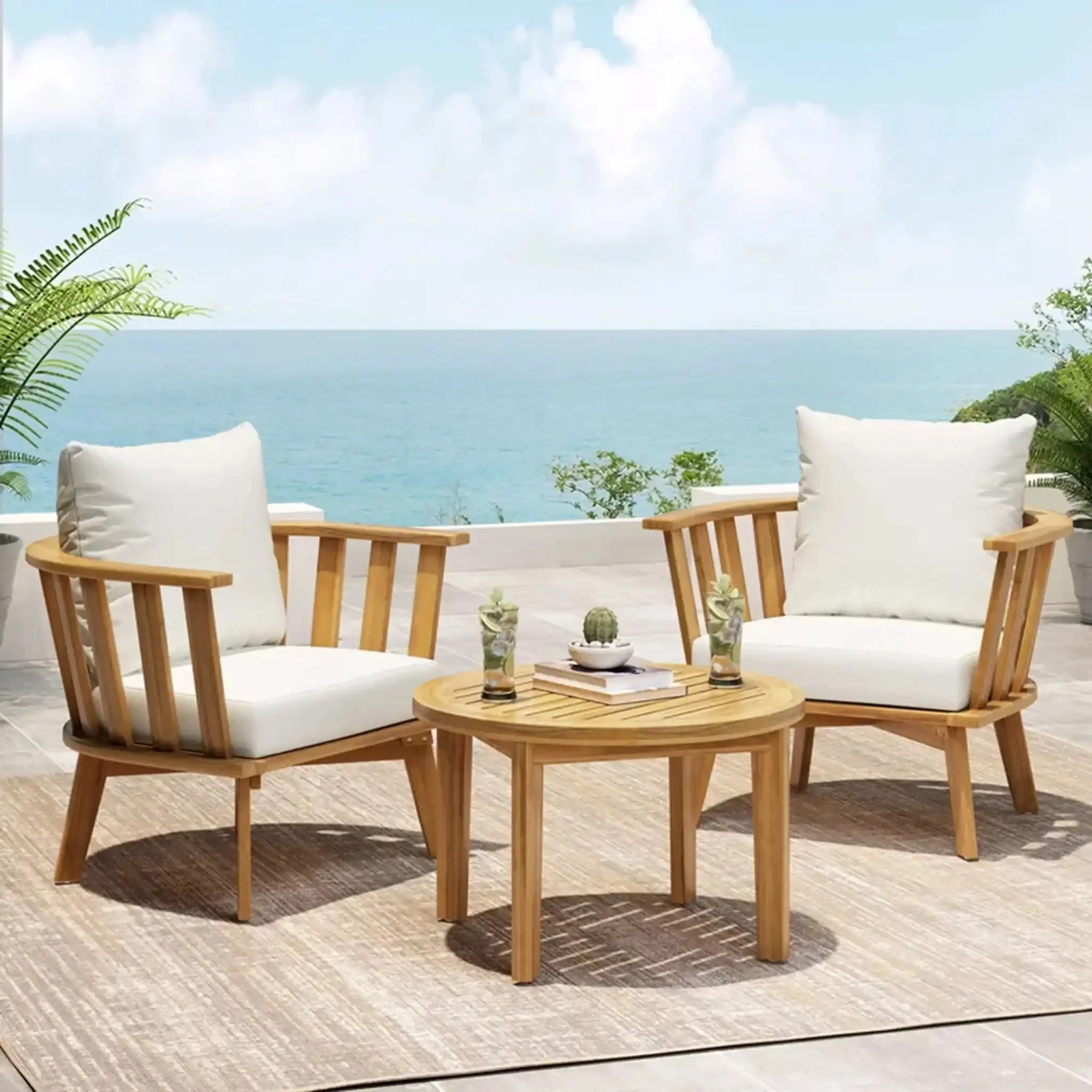 Patio Furniture Set: Outdoor Acacia Wood Patio Club Chair with Table - Image 4