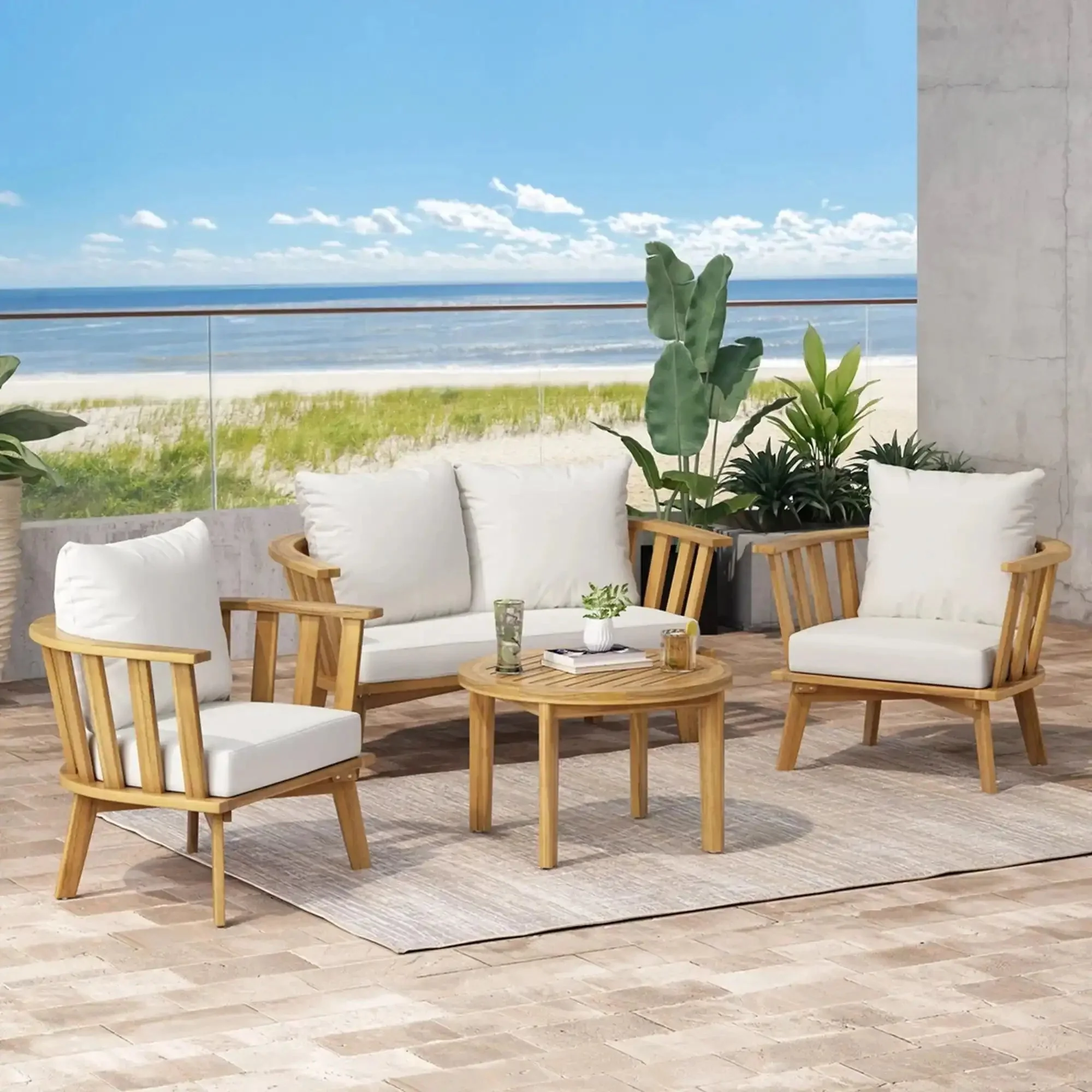 Patio Furniture Set: Outdoor Acacia Wood Patio Club Chair with Table - Image 5