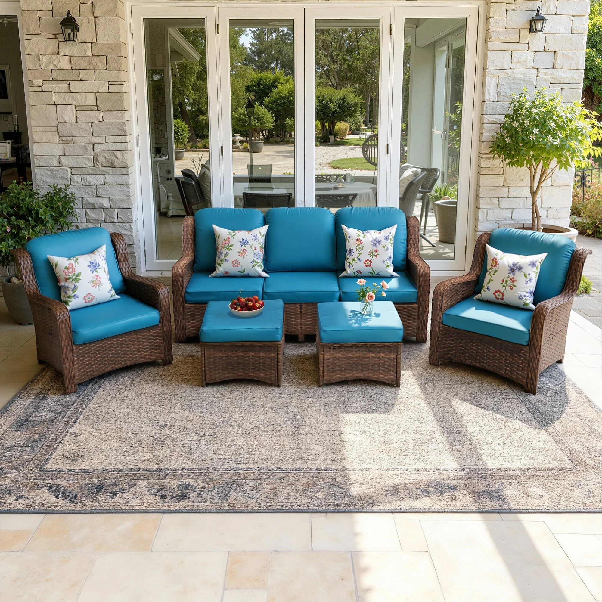 Patio Furniture Set Rattan Outdoor Sectional Conversation Sets 5-Piece Peacock Blue - Image 2