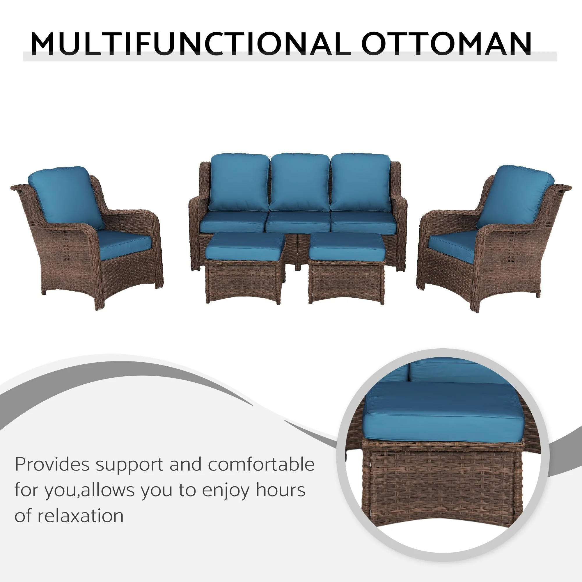 Patio Furniture Set Rattan Outdoor Sectional Conversation Sets 5-Piece Peacock Blue - Image 5