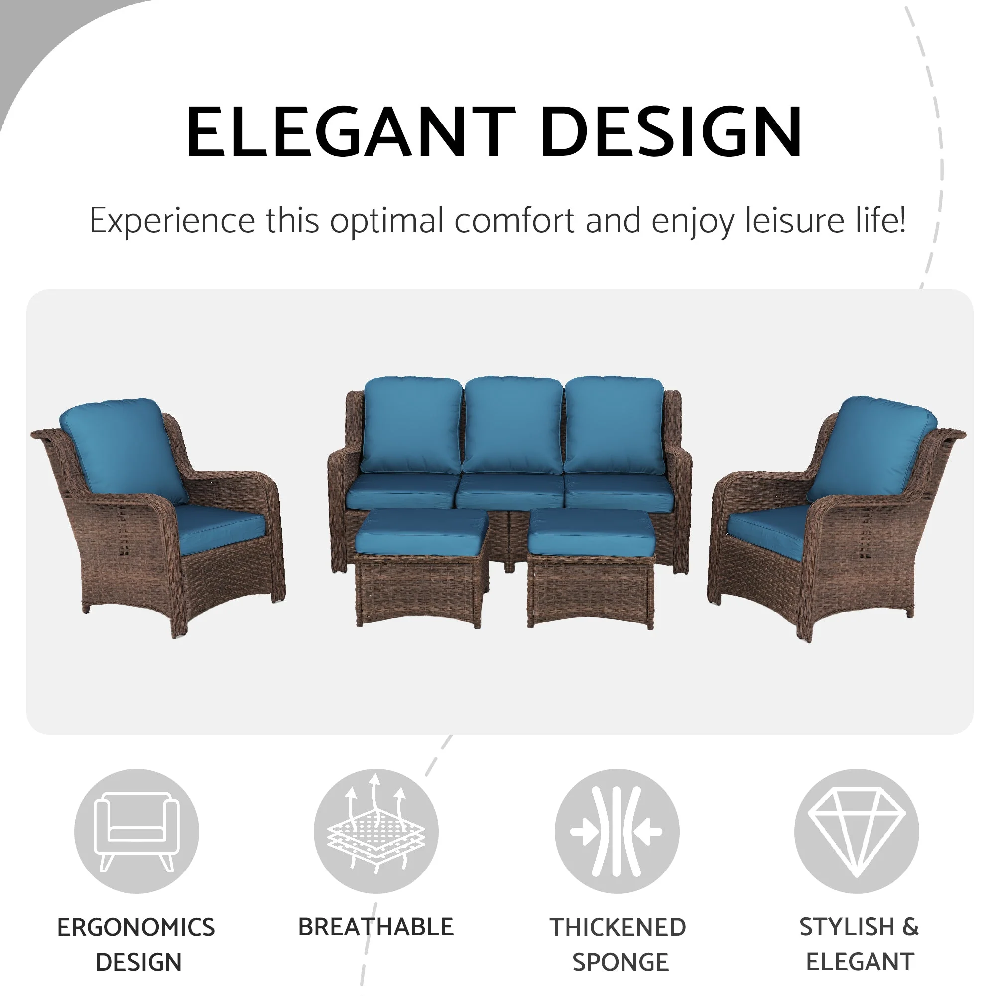 Patio Furniture Set Rattan Outdoor Sectional Conversation Sets 5-Piece Peacock Blue - Image 6