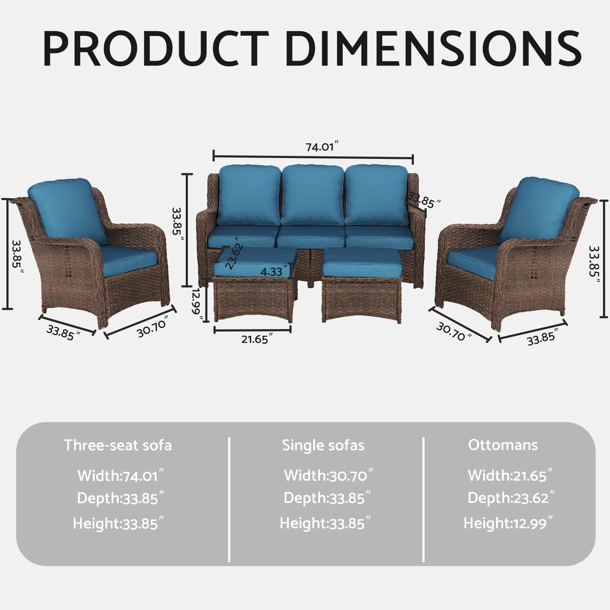 Patio Furniture Set Rattan Outdoor Sectional Conversation Sets 5-Piece Peacock Blue - Image 9
