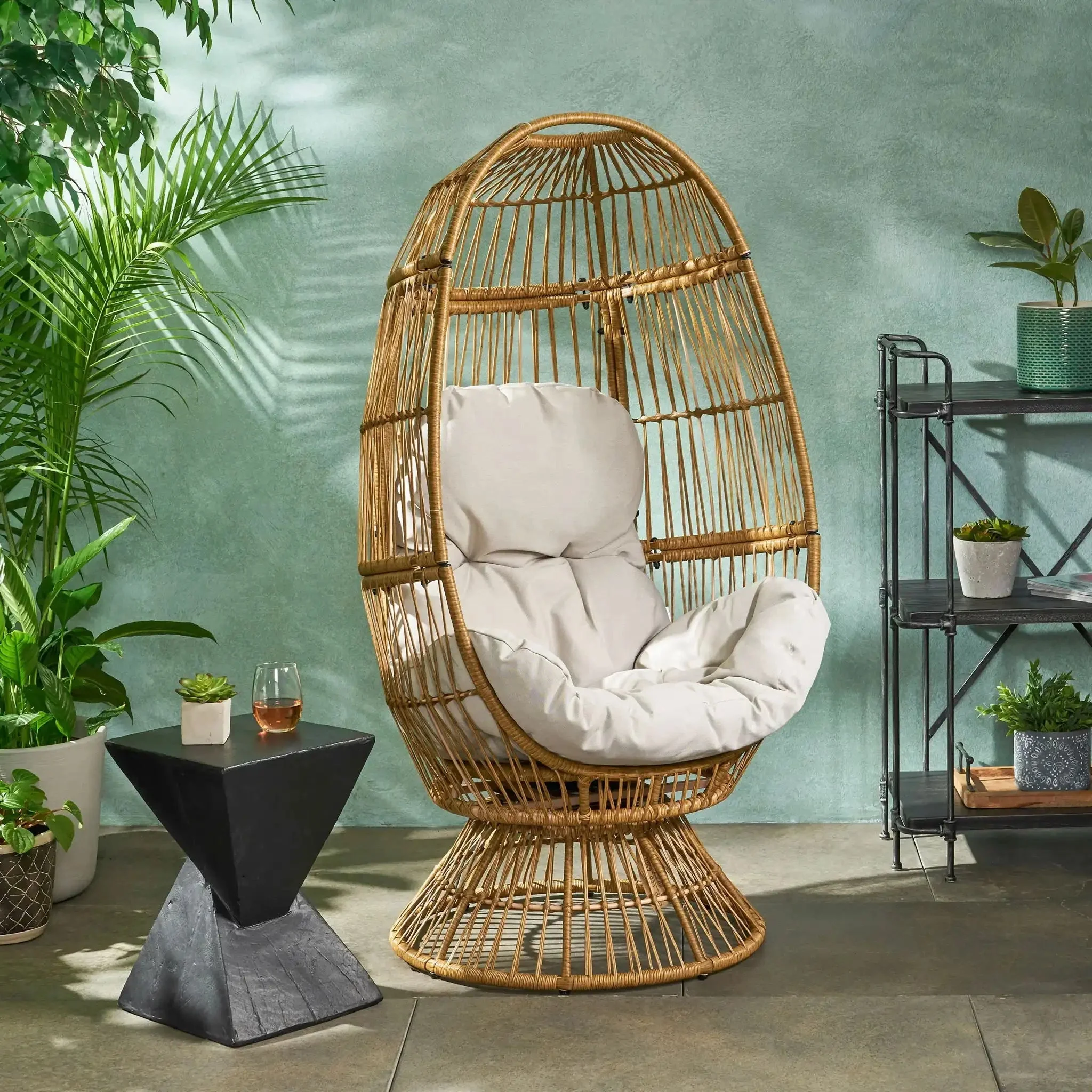 Patio Swivel Basket Egg Chair With Cushion - Image 4