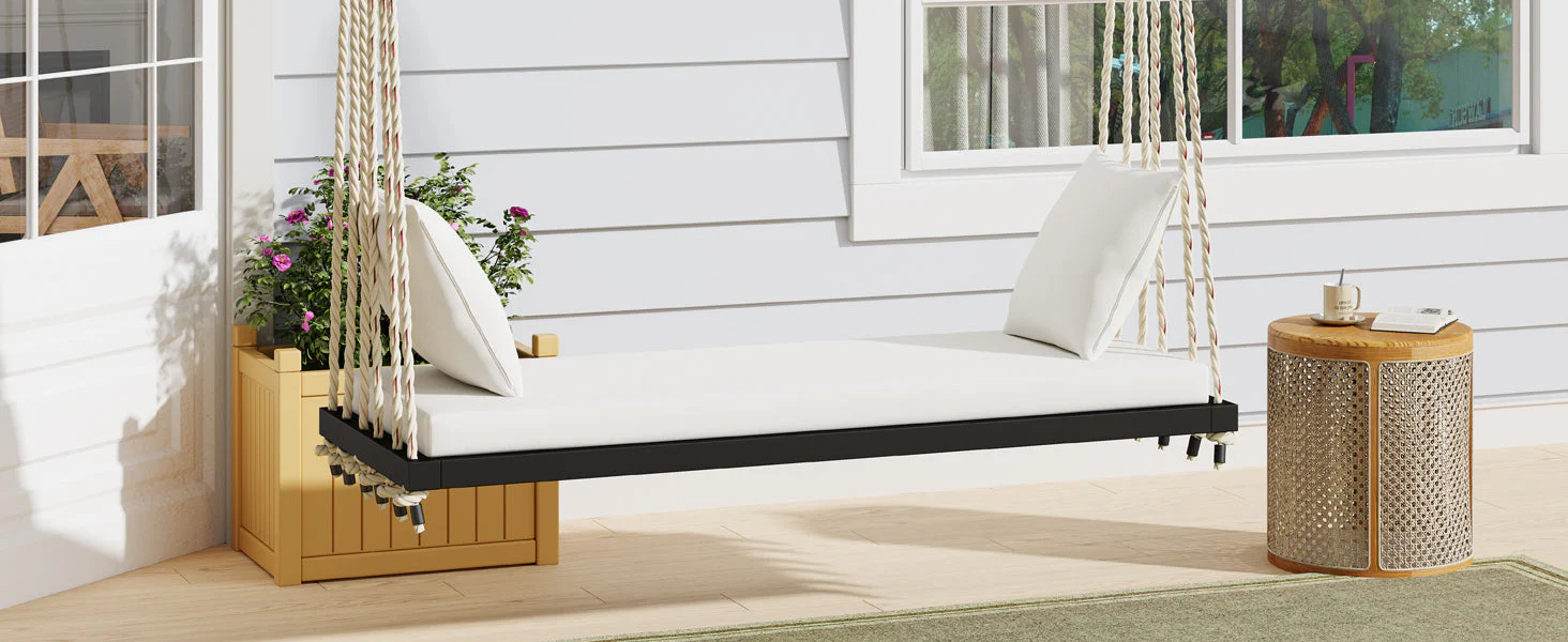 Patio Wooden Swing Chair Hanging Porch Swing Bench - Image 18