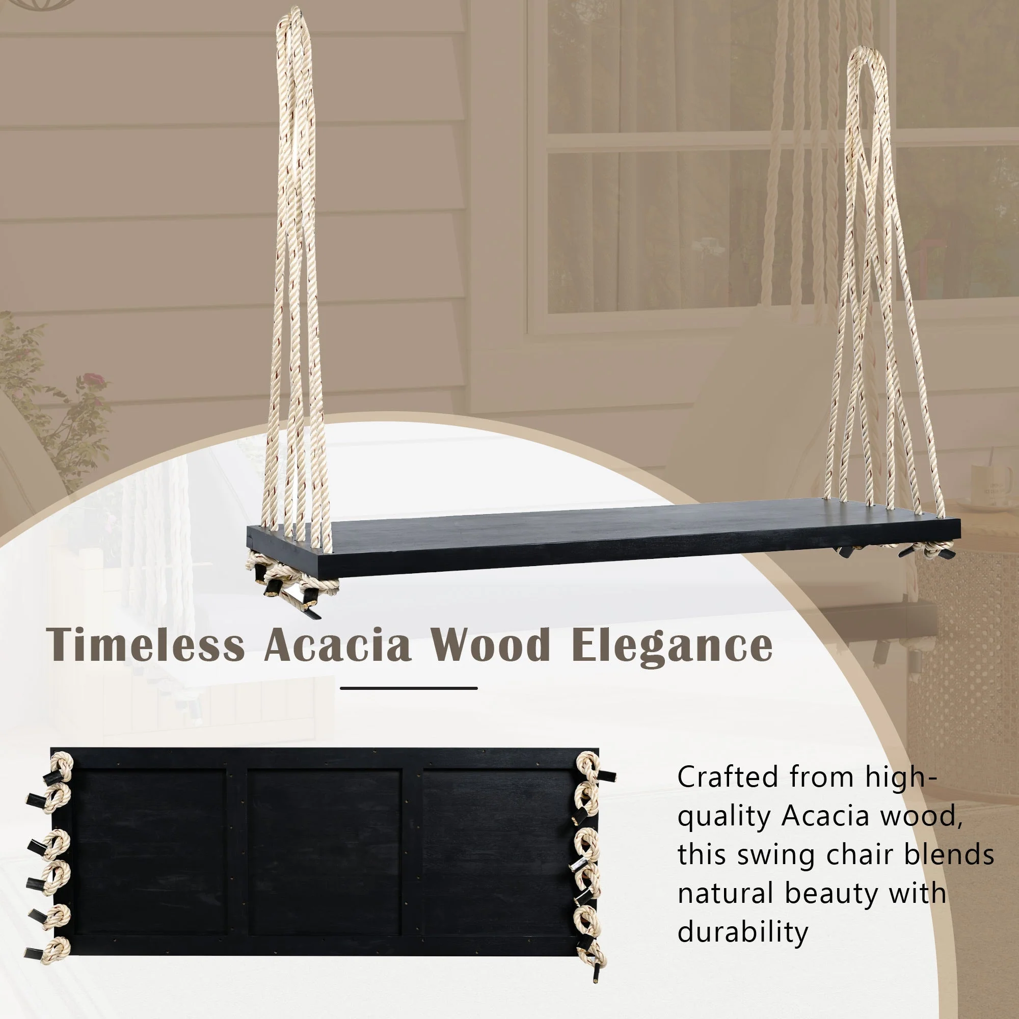 Patio Wooden Swing Chair Hanging Porch Swing Bench - Image 3