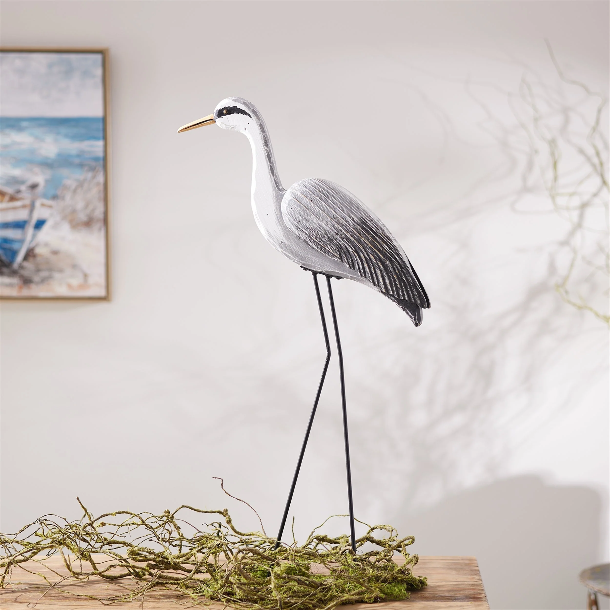 Paulownia Wood Heron Bird Statue with Metal Legs Base 29.5"H - Image 2
