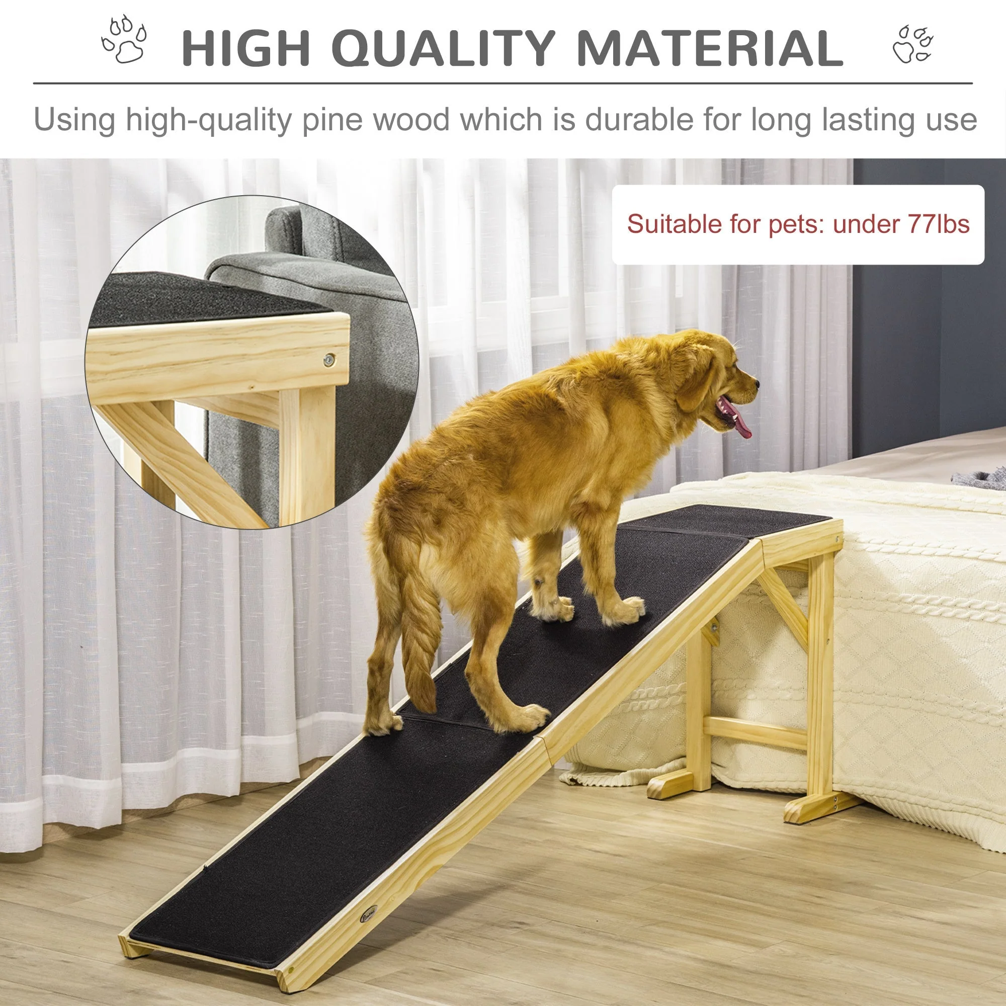 PawHut Dog Ramp for Bed with Non-Slip Carpet - Image 4