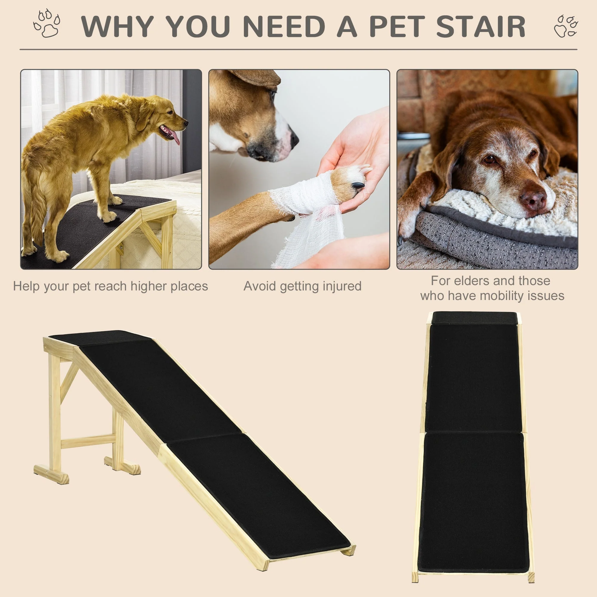 PawHut Dog Ramp for Bed with Non-Slip Carpet - Image 5