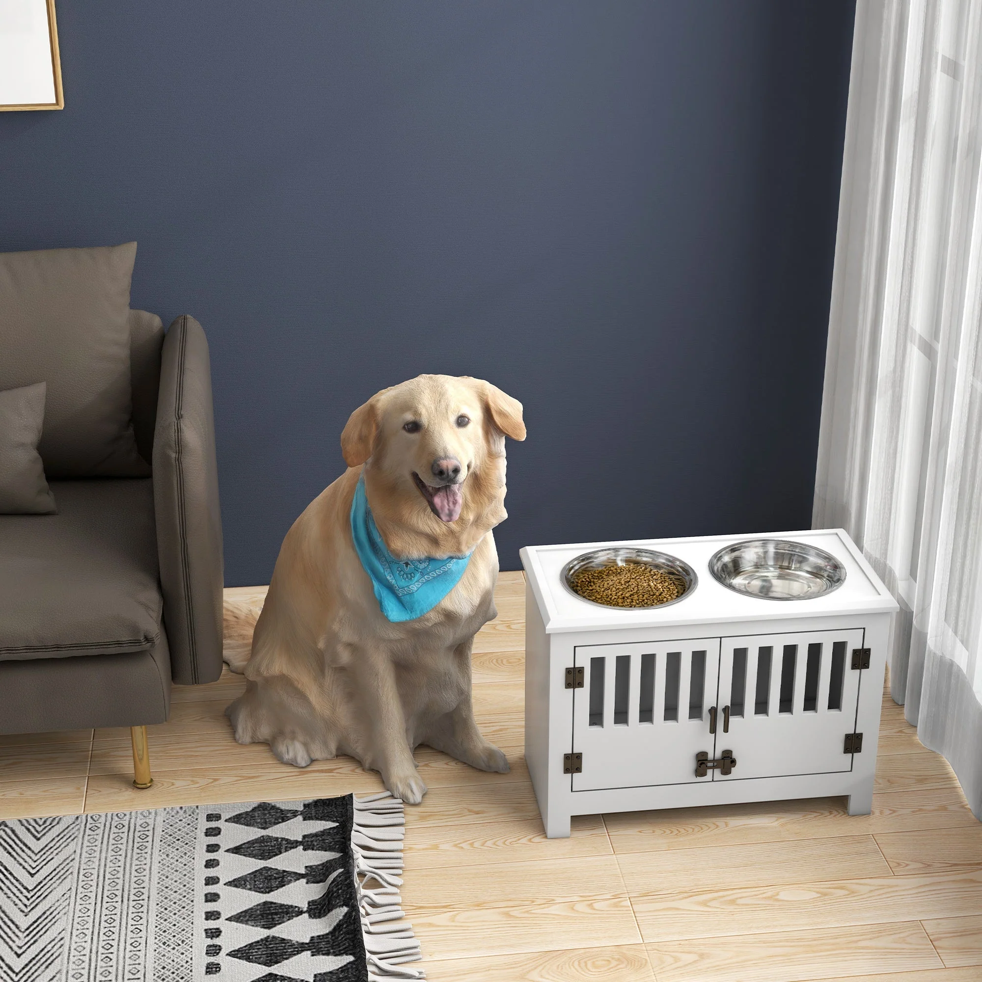 PawHut Large Elevated Dog Bowls with Storage Cabinet - Image 8
