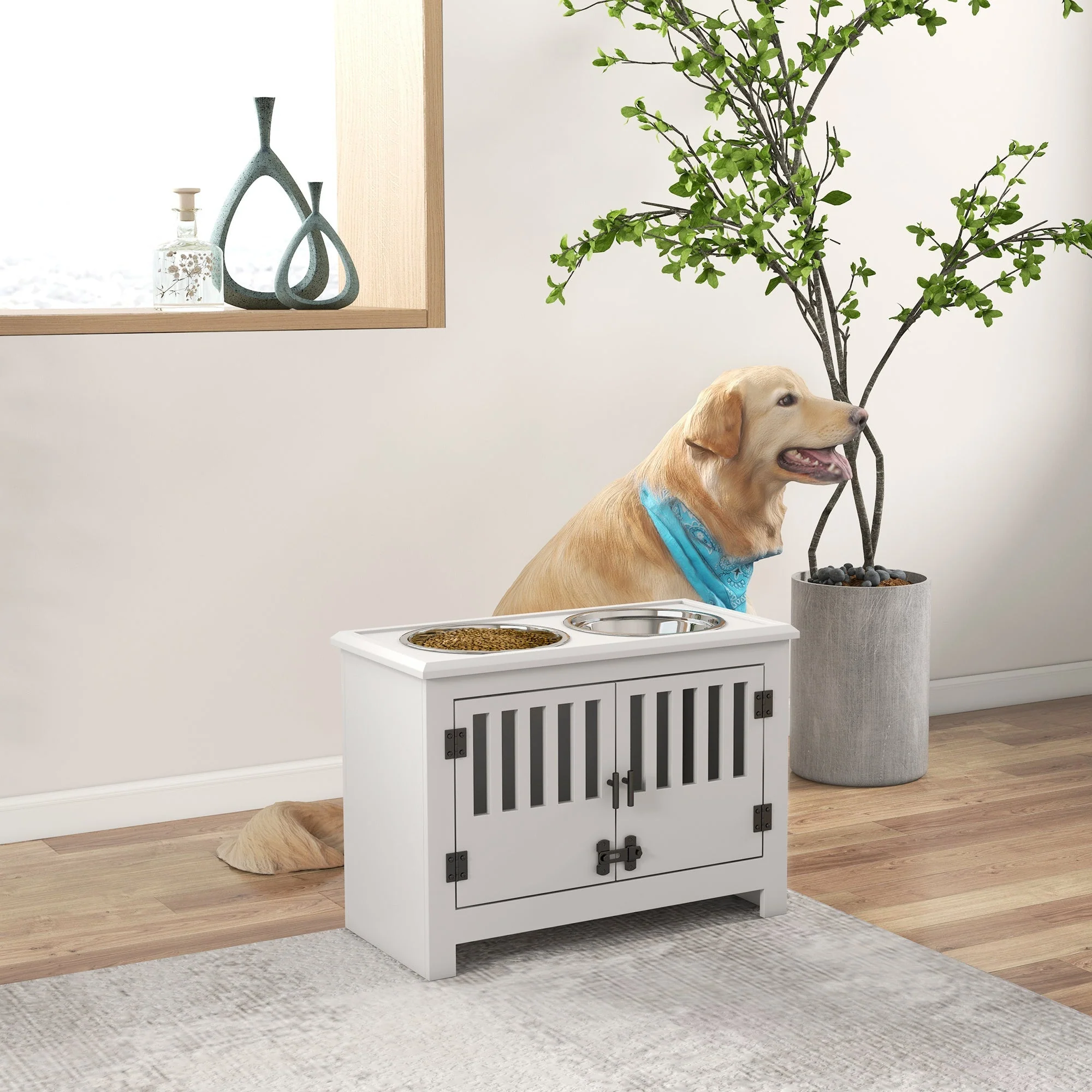 PawHut Large Elevated Dog Bowls with Storage Cabinet - Image 9