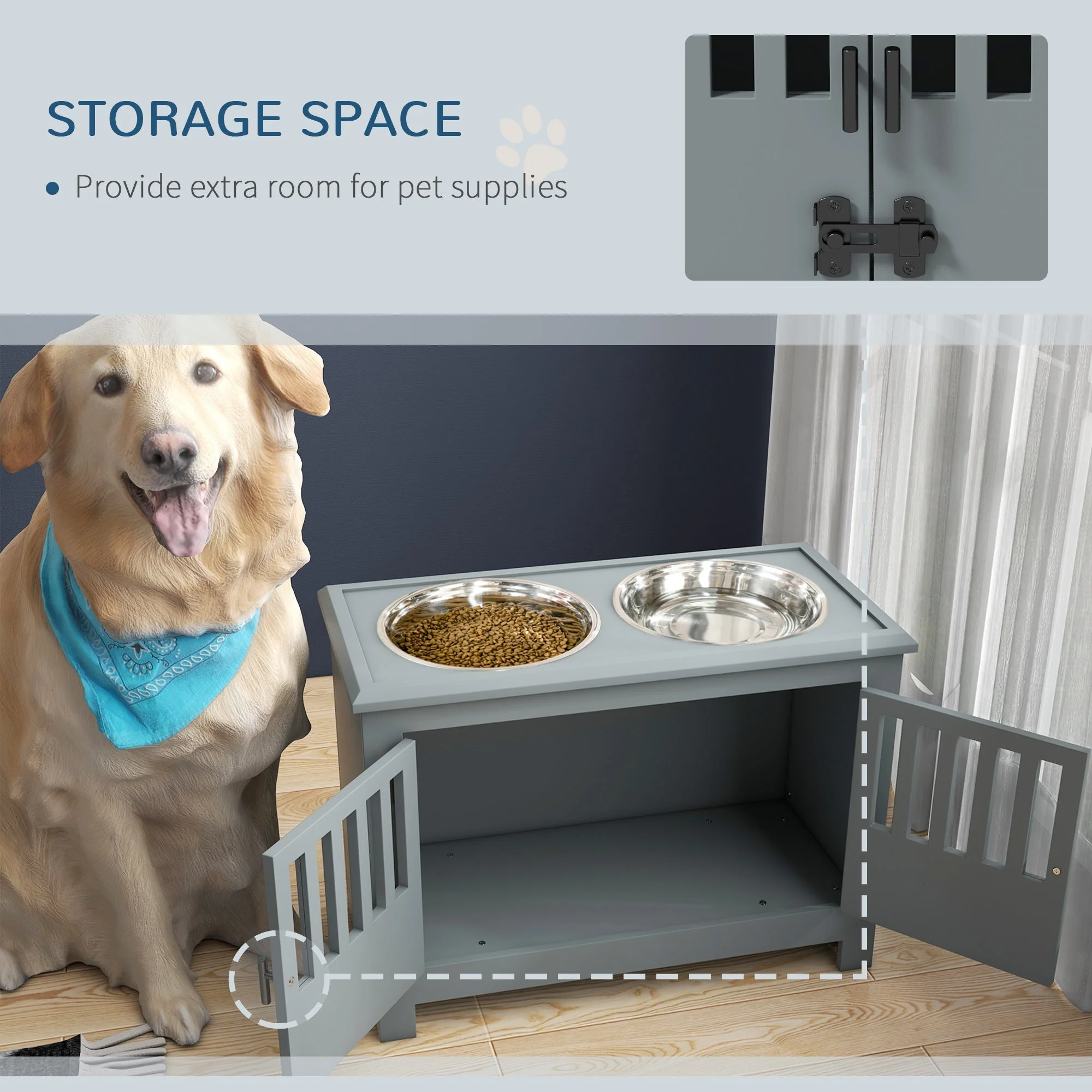 PawHut Large Elevated Dog Bowls with Storage Cabinet - Image 5