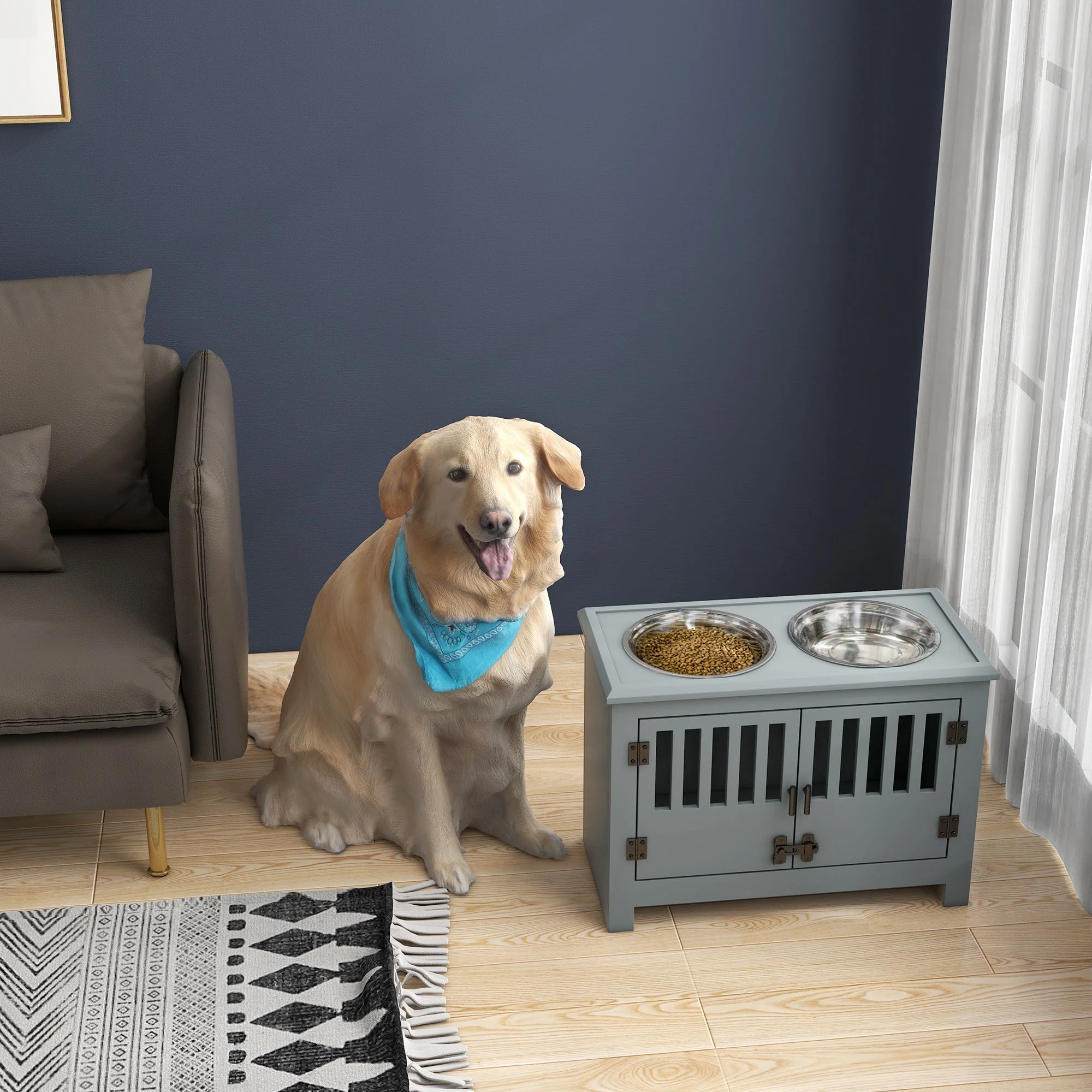 PawHut Large Elevated Dog Bowls with Storage Cabinet - Image 8