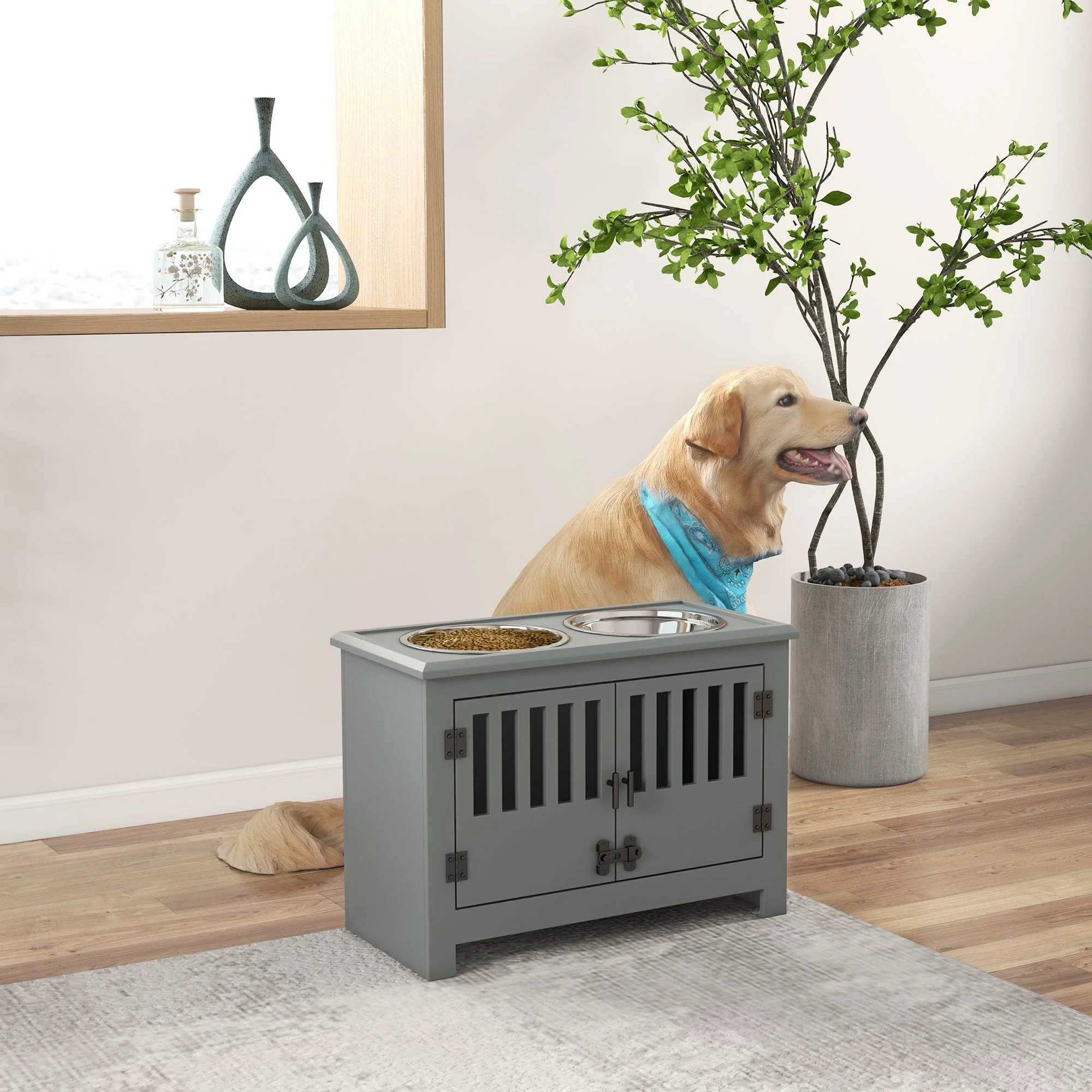 PawHut Large Elevated Dog Bowls with Storage Cabinet - Image 9
