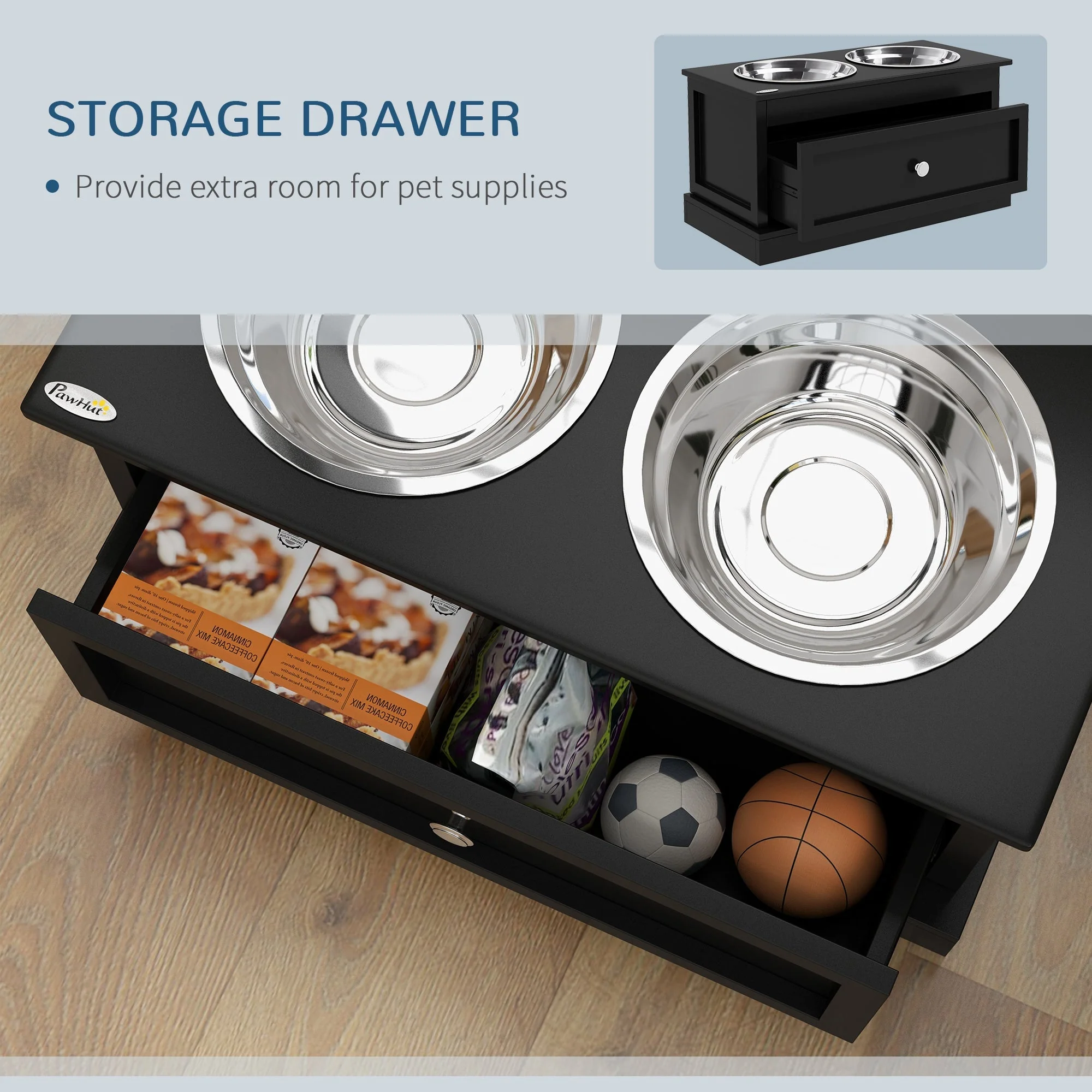 PawHut Large Elevated Dog Bowls with Storage Drawer - Image 4