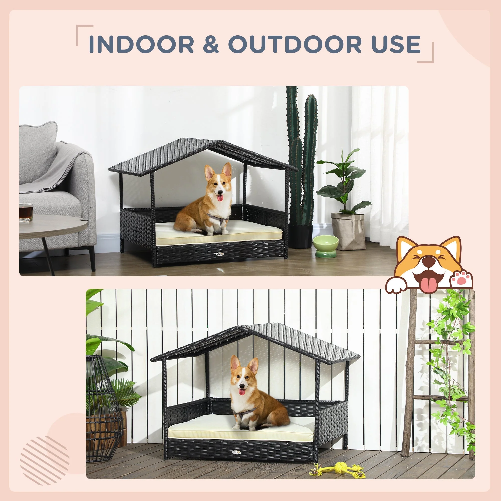 PawHut Wicker Dog House Outdoor with Canopy - Image 4