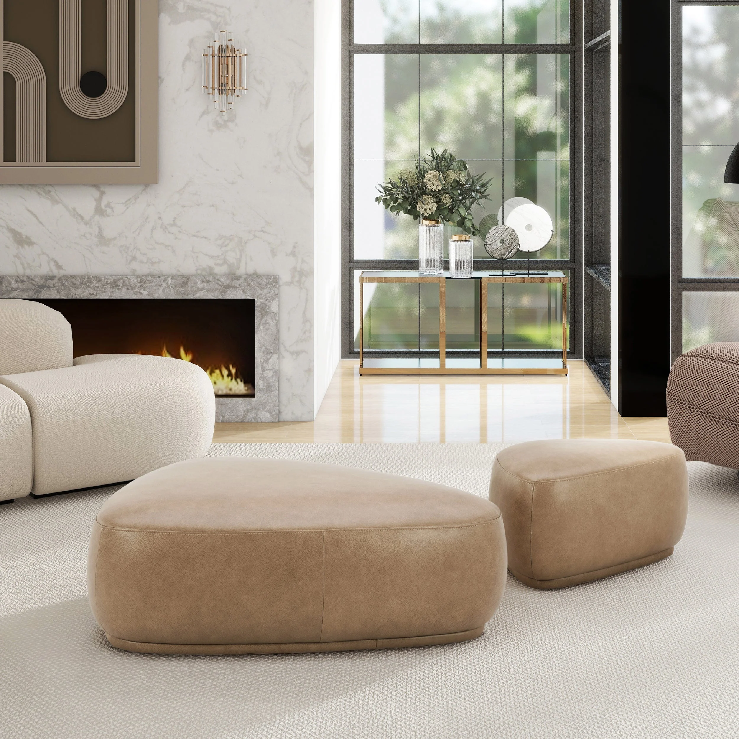Pebble 44" Rounded Triangle Cocktail Ottoman in Tuscan Tan Brown Leather - Image 2