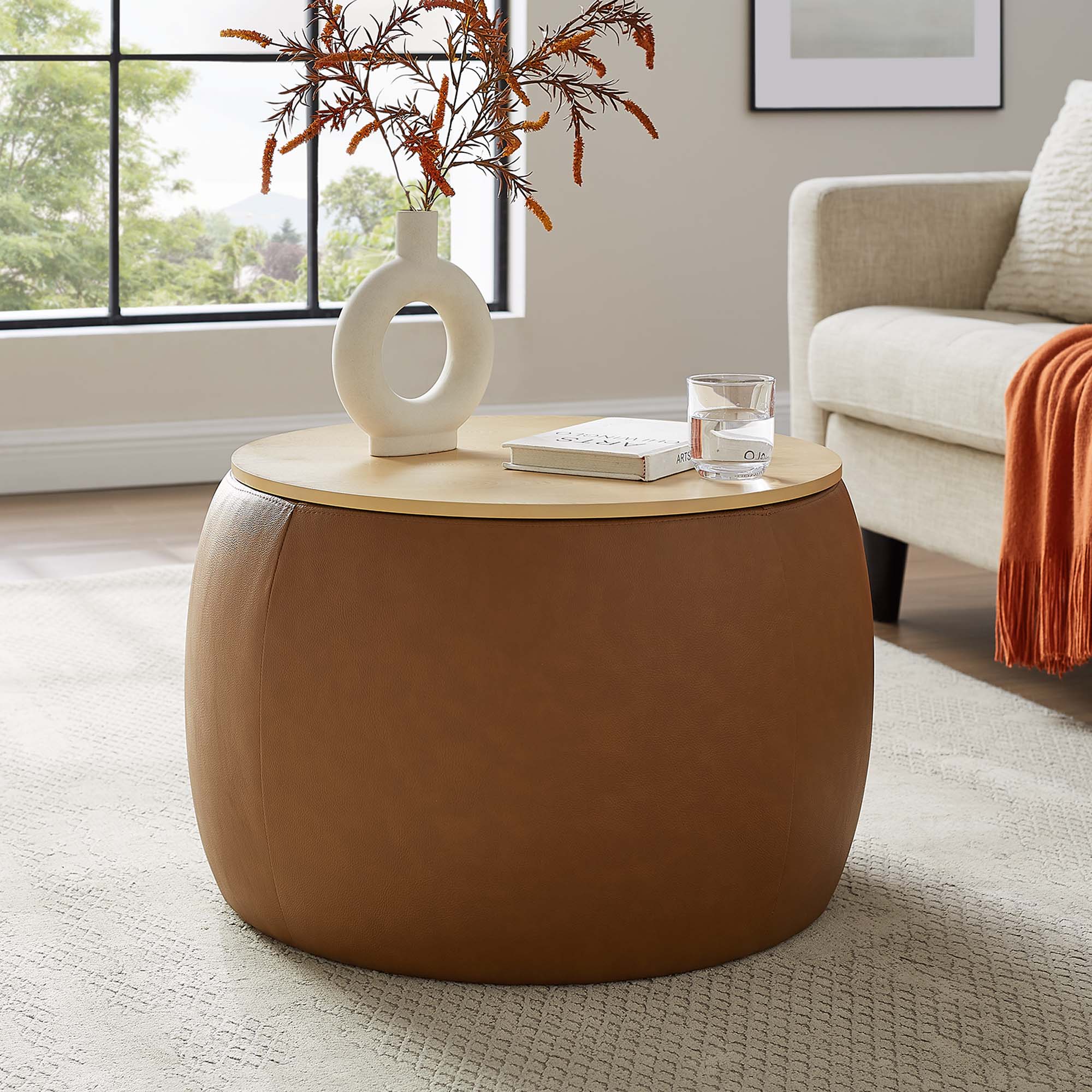 Perla Round Vegan Leather Storage Ottoman - Image 7