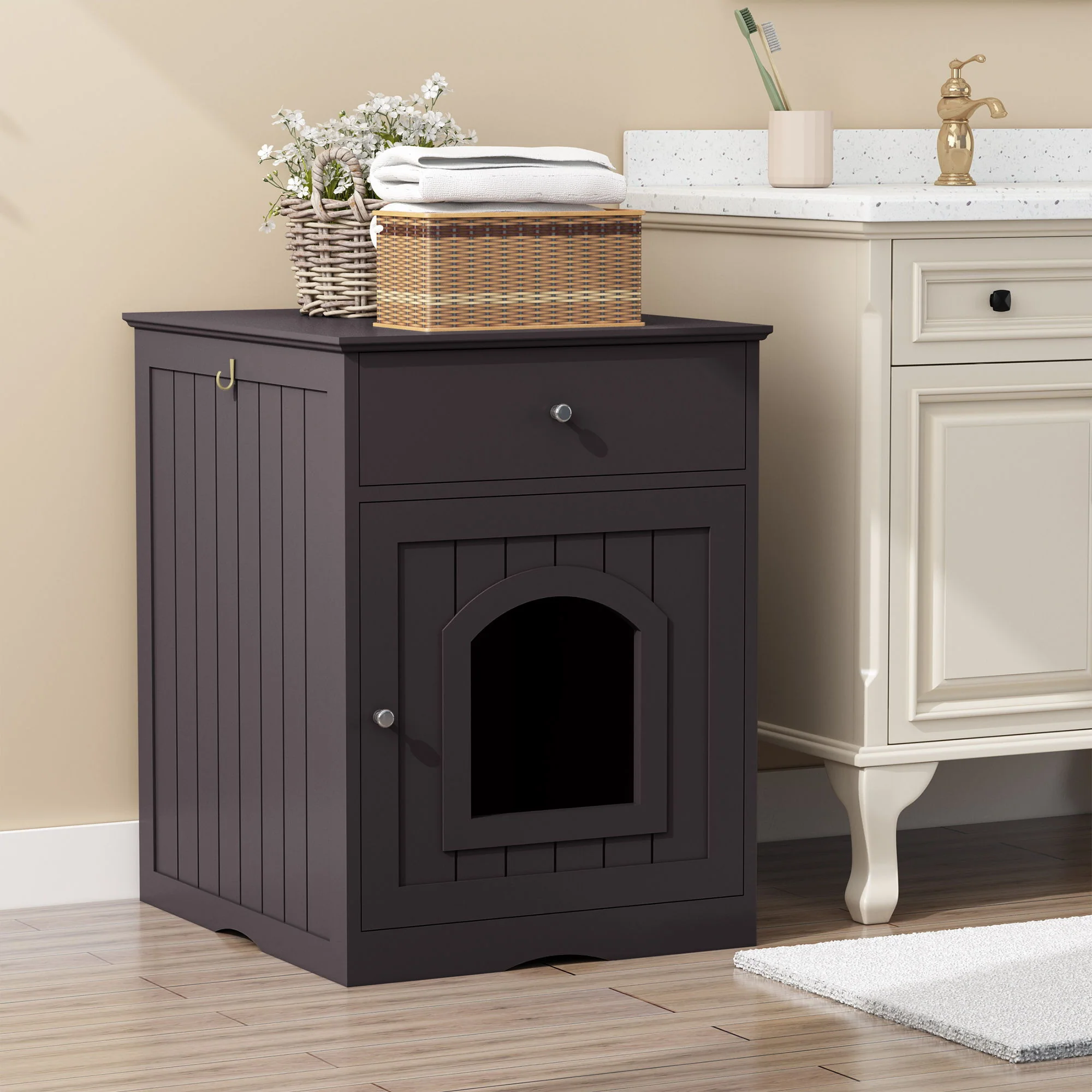 Pet House Cat Litter Box Enclosure With Drawer, Side Table - Image 7