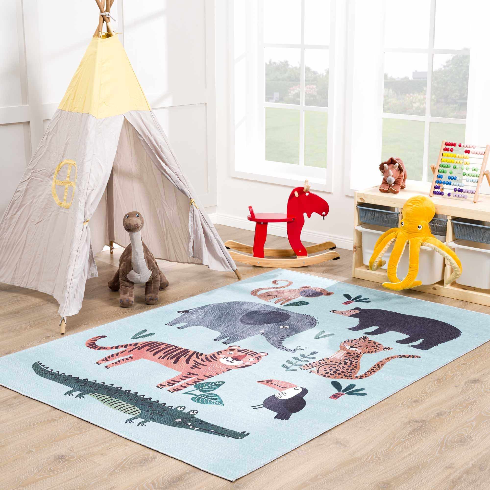 Petey Blue Animal Print Washable Kids Rug - Clearance - Image 2