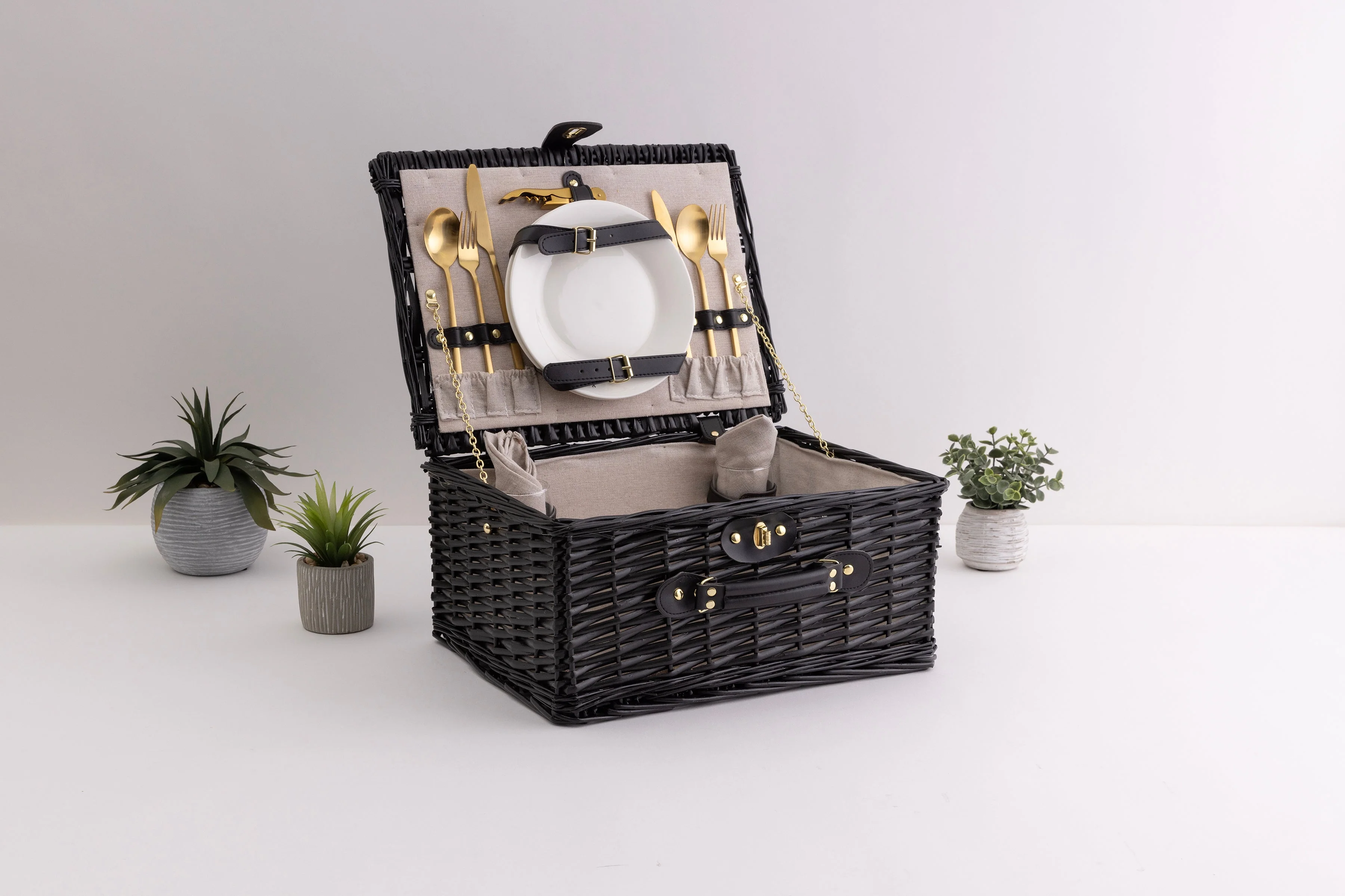 Picnic Basket Set for 2, Black Willow with Beige Accents - Image 3